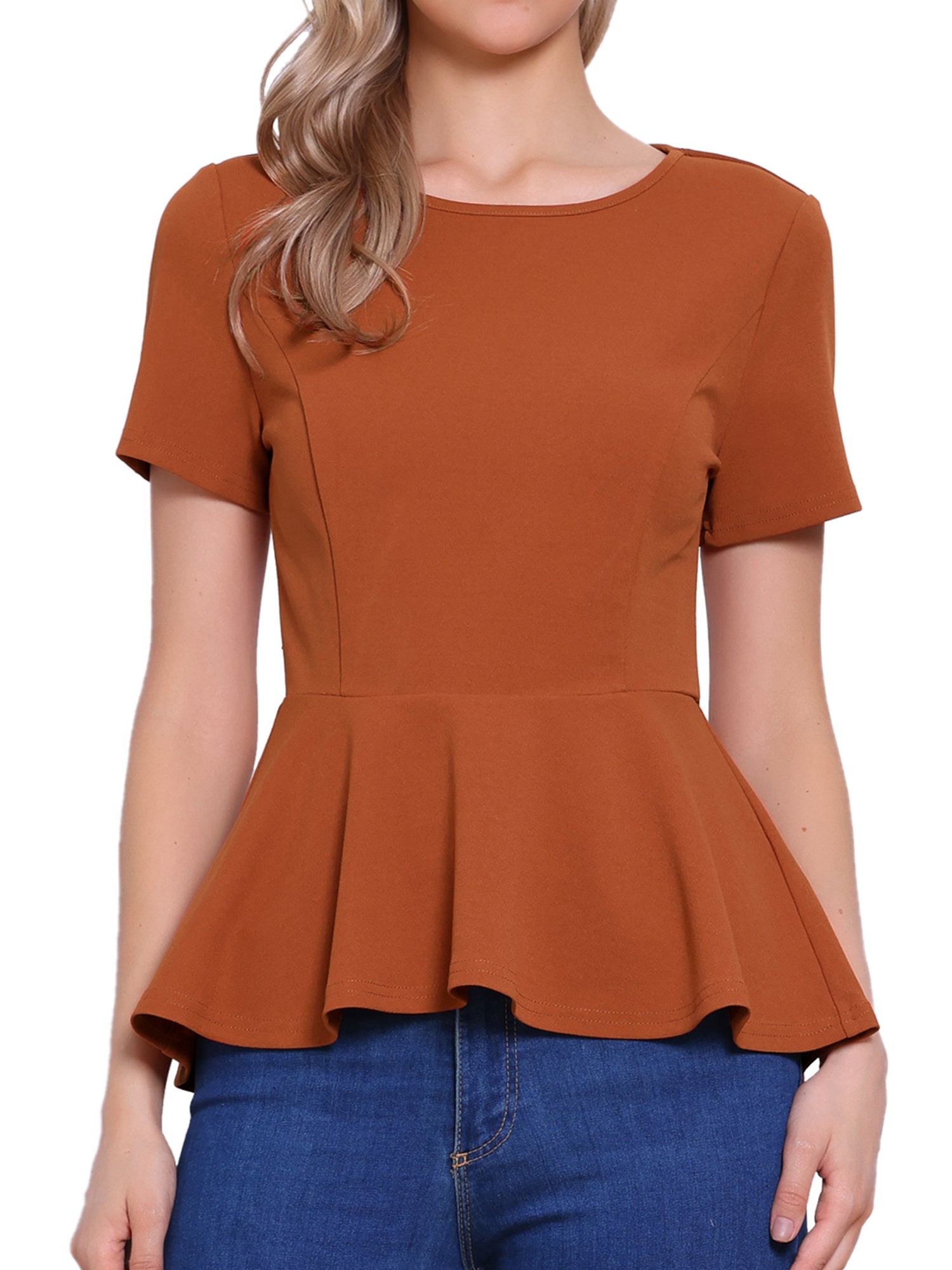 Short Sleeve Round Neck Solid Color Peplum Blouse