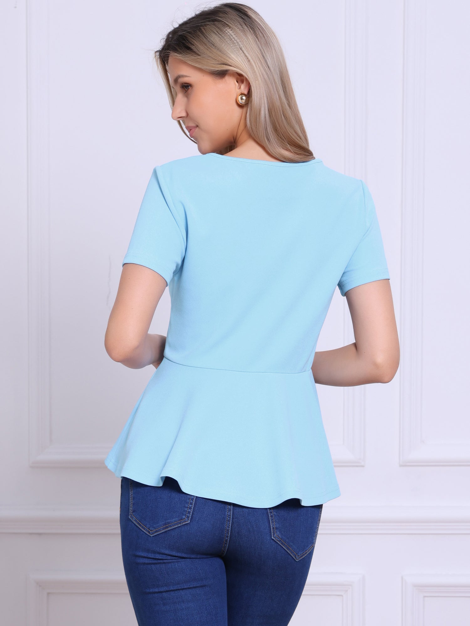 Short Sleeve Round Neck Solid Color Peplum Blouse