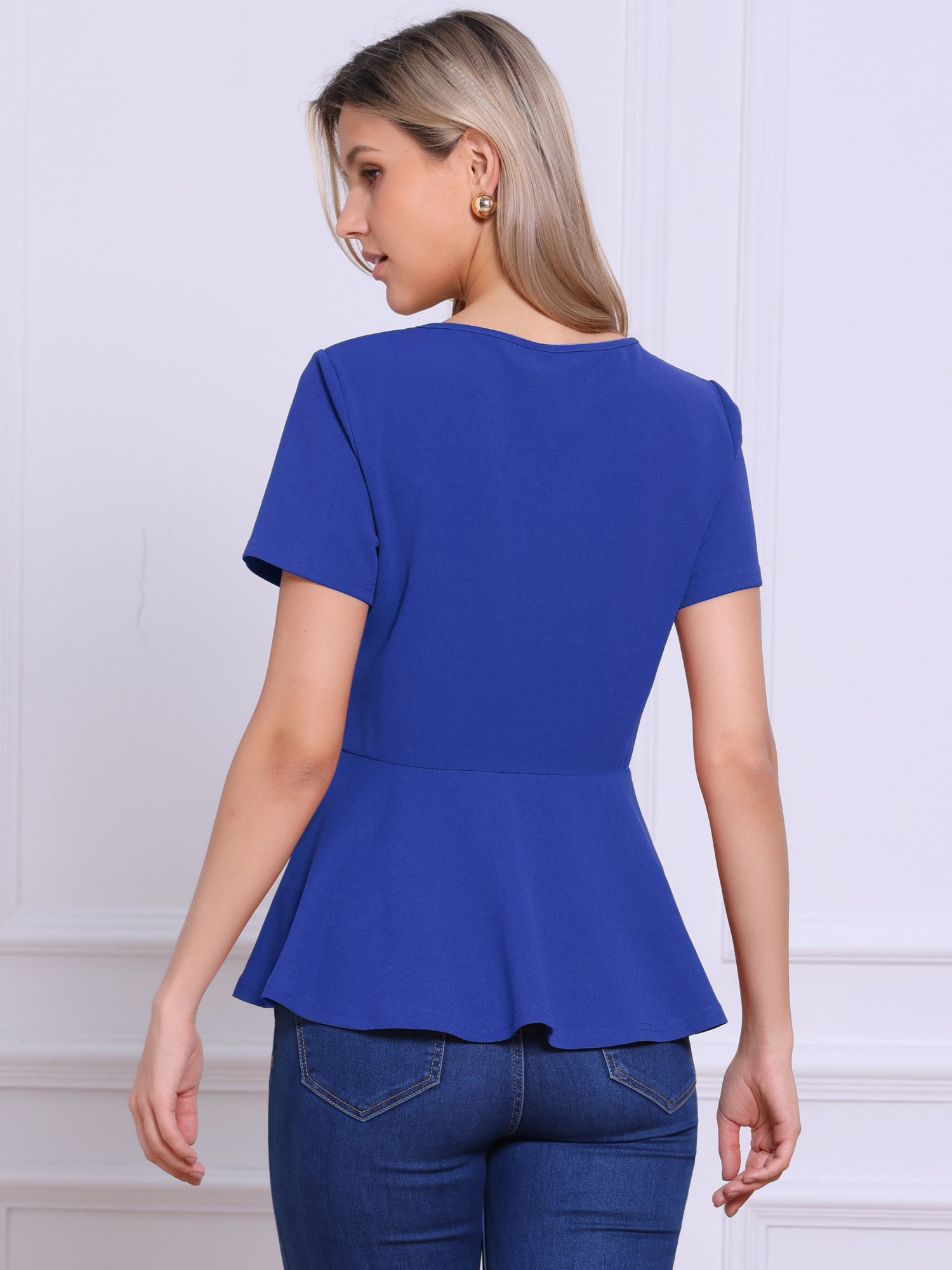 Short Sleeve Round Neck Solid Color Peplum Blouse