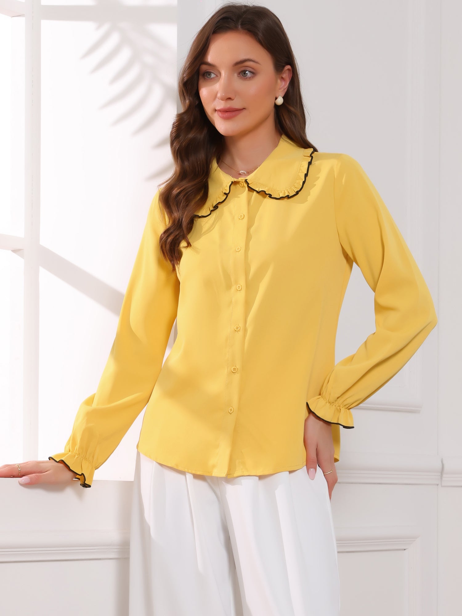 Sweet Ruffle Peter Pan Collar Long Sleeve Button Up Shirt