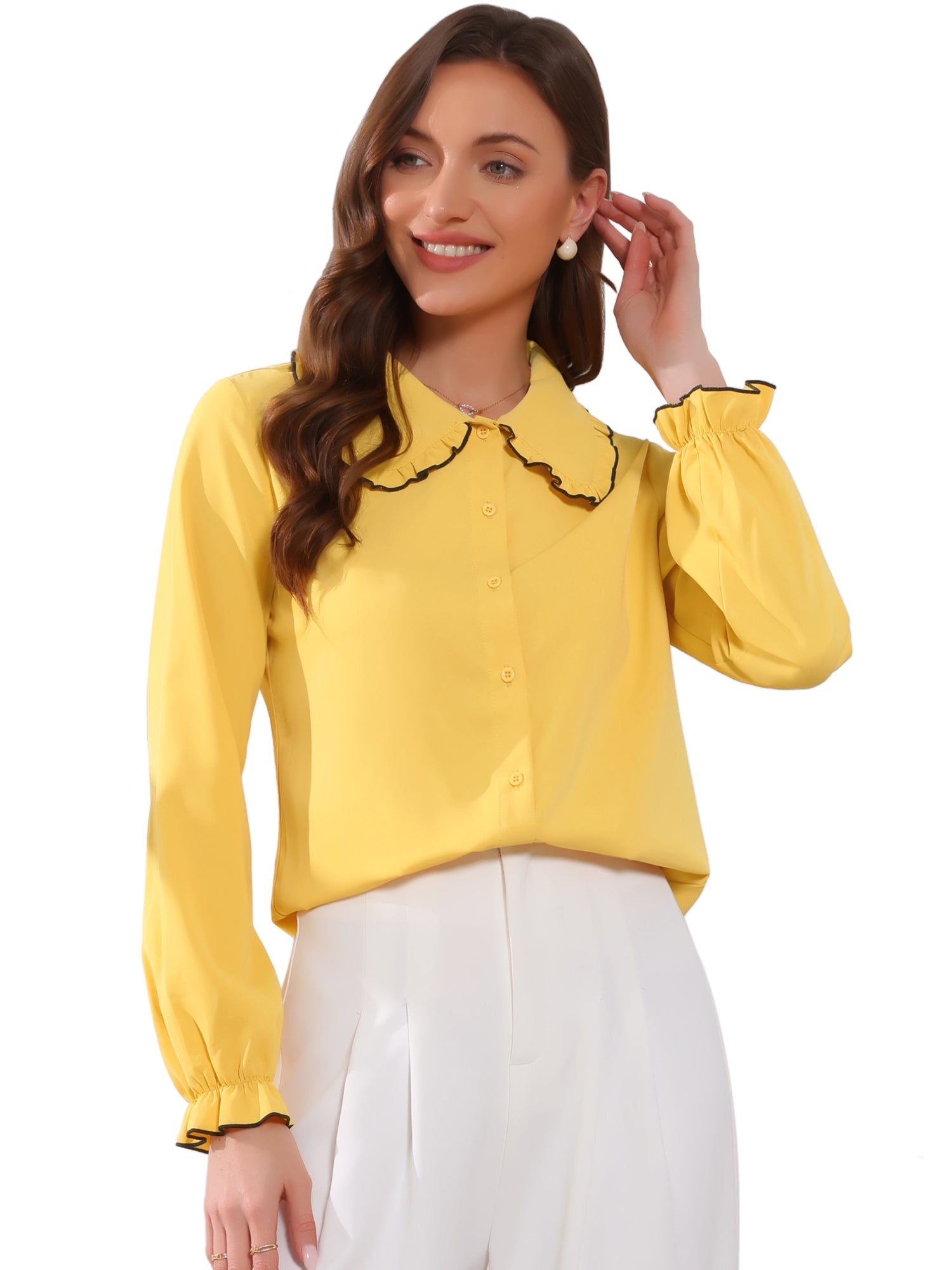 Sweet Ruffle Peter Pan Collar Long Sleeve Button Up Shirt