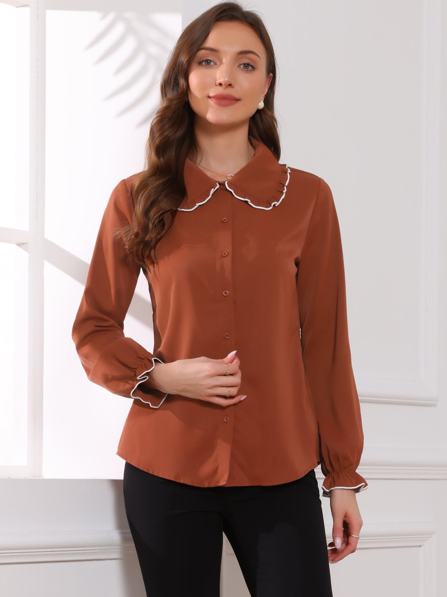 Sweet Ruffle Peter Pan Collar Long Sleeve Button Up Shirt