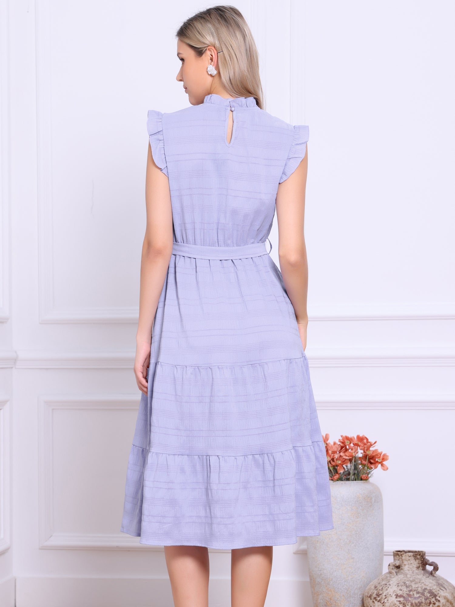 Mock Neck Ruffled Textured Cap Sleeve Tiered Midi Dress