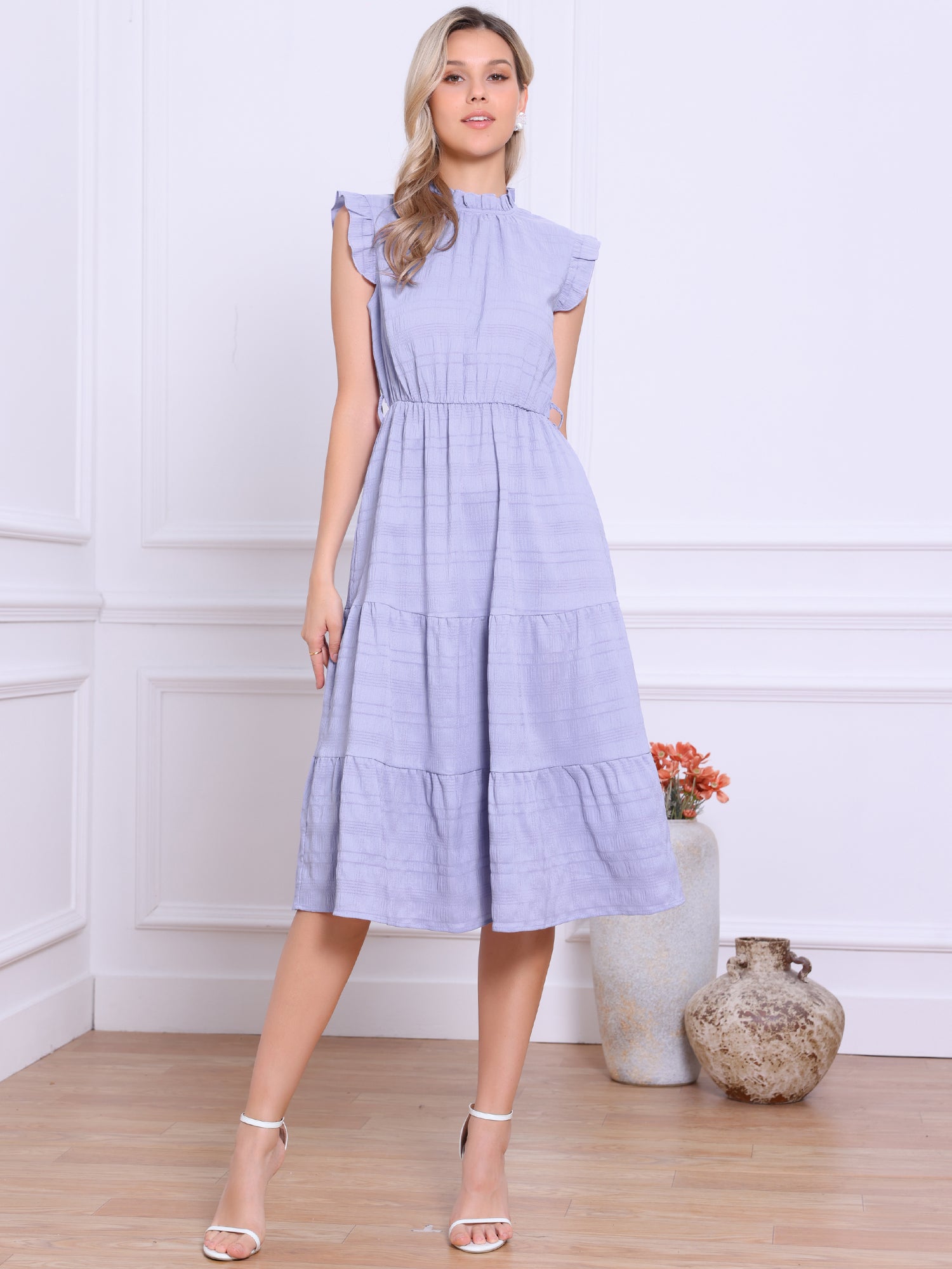 Mock Neck Ruffled Textured Cap Sleeve Tiered Midi Dress