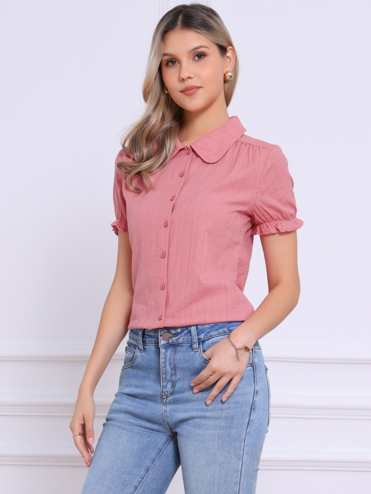 Cotton Frilled Top Turndown Collar Solid Blouse Shirt