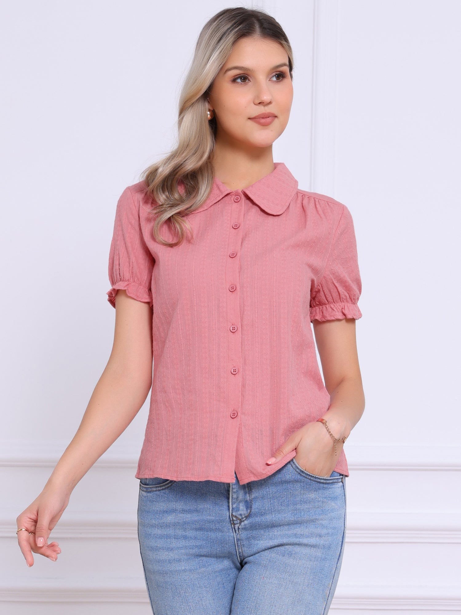 Cotton Frilled Top Turndown Collar Solid Blouse Shirt