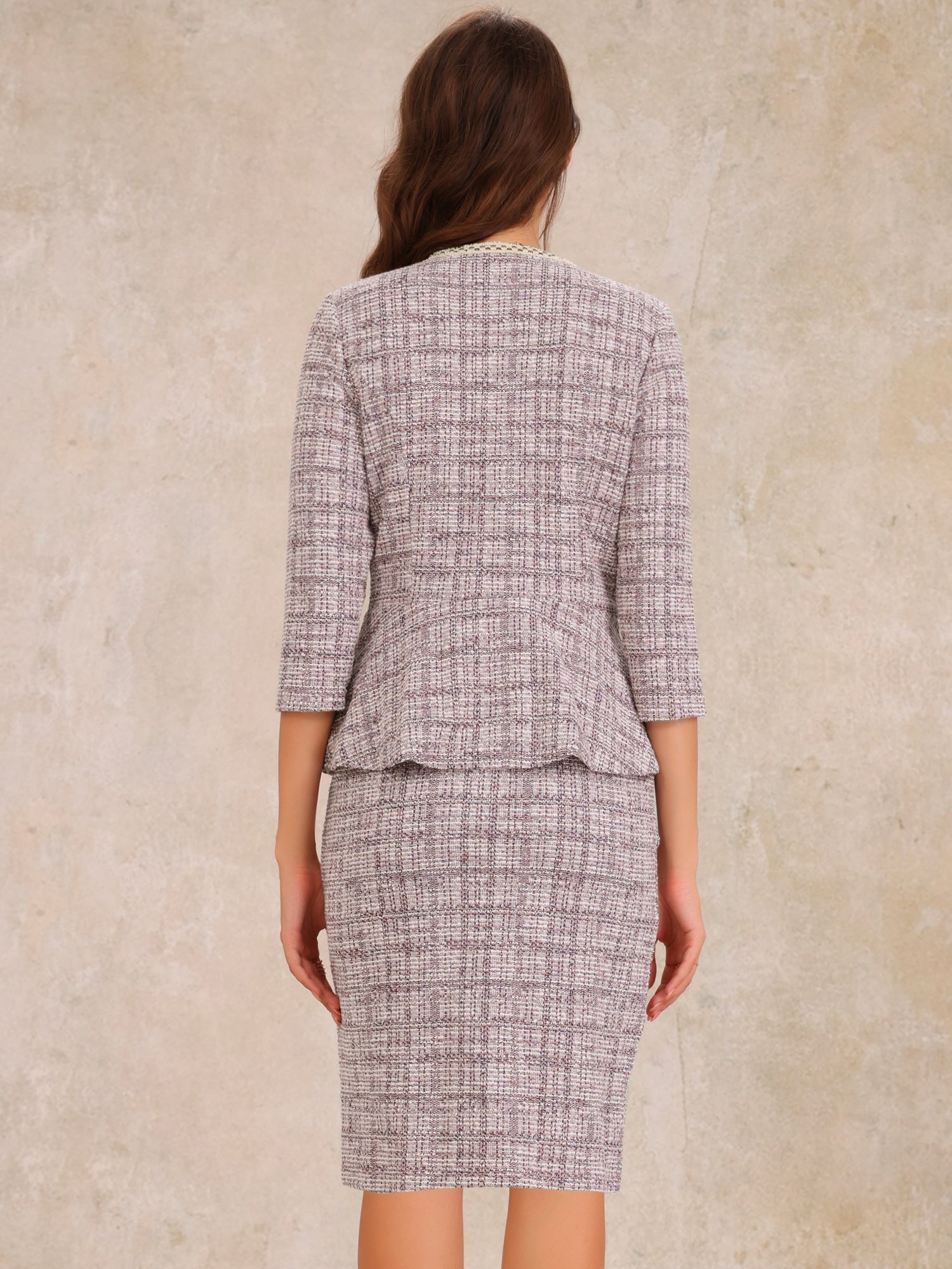 2 Pieces Tweed Button Down 3/4 Sleeves Jacket & Midi Pencil Skirt Set