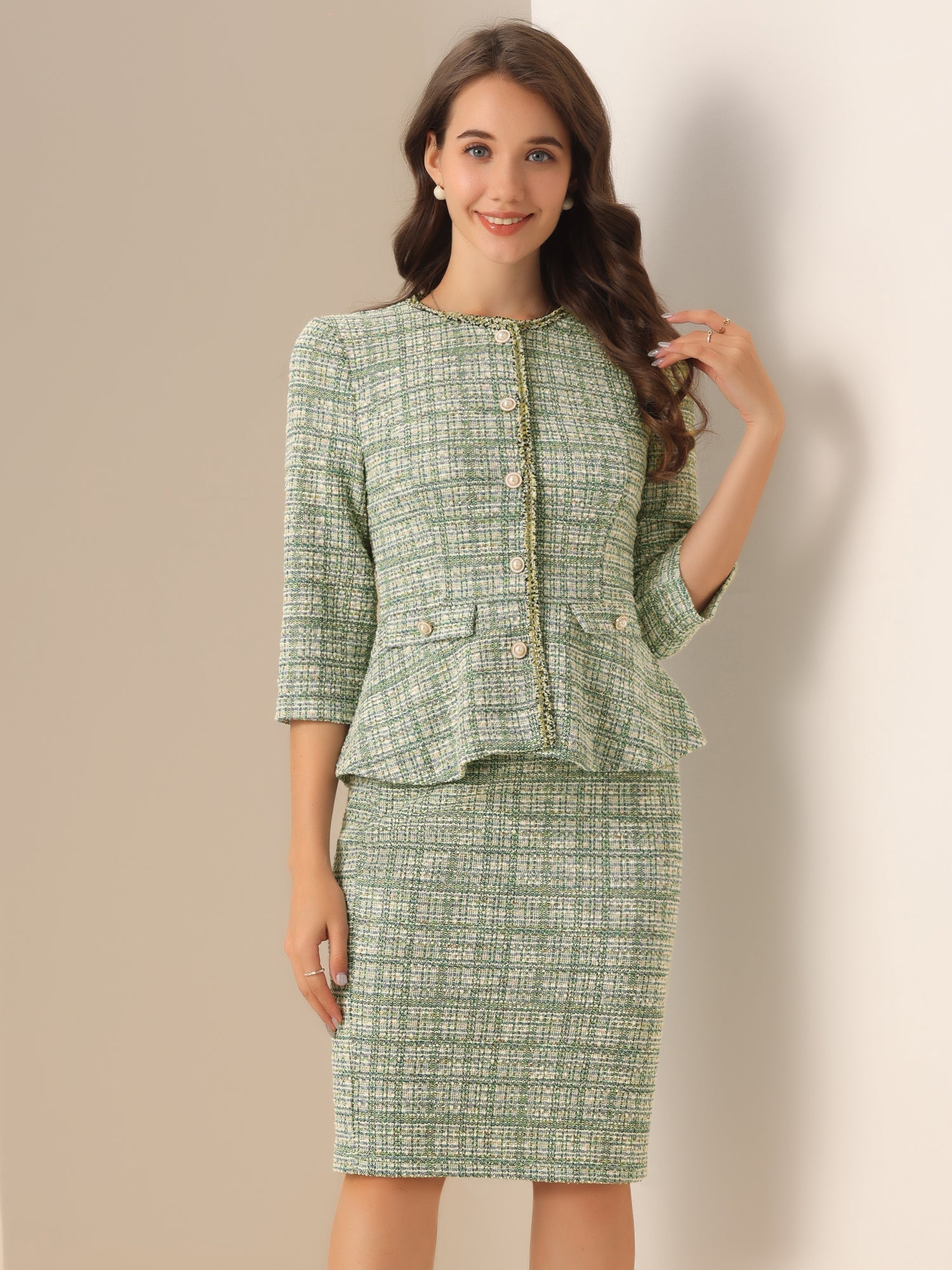 2 Pieces Tweed Button Down 3/4 Sleeves Jacket & Midi Pencil Skirt Set