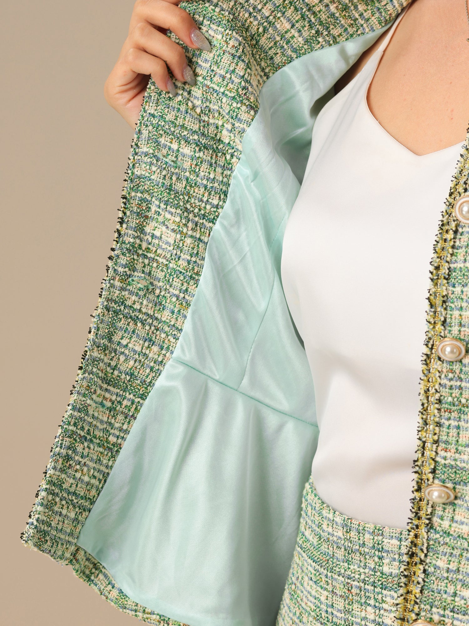 2 Pieces Tweed Button Down 3/4 Sleeves Jacket & Midi Pencil Skirt Set