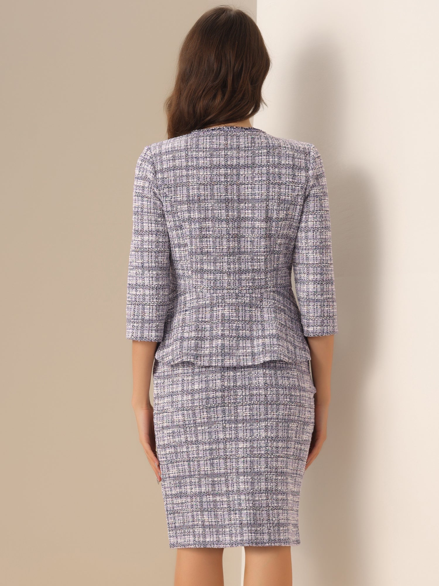 2 Pieces Tweed Button Down 3/4 Sleeves Jacket & Midi Pencil Skirt Set