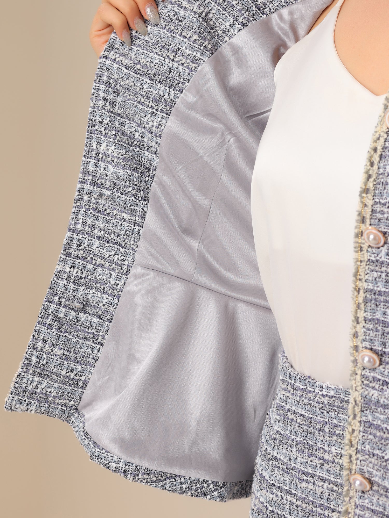 2 Pieces Tweed Button Down 3/4 Sleeves Jacket & Midi Pencil Skirt Set