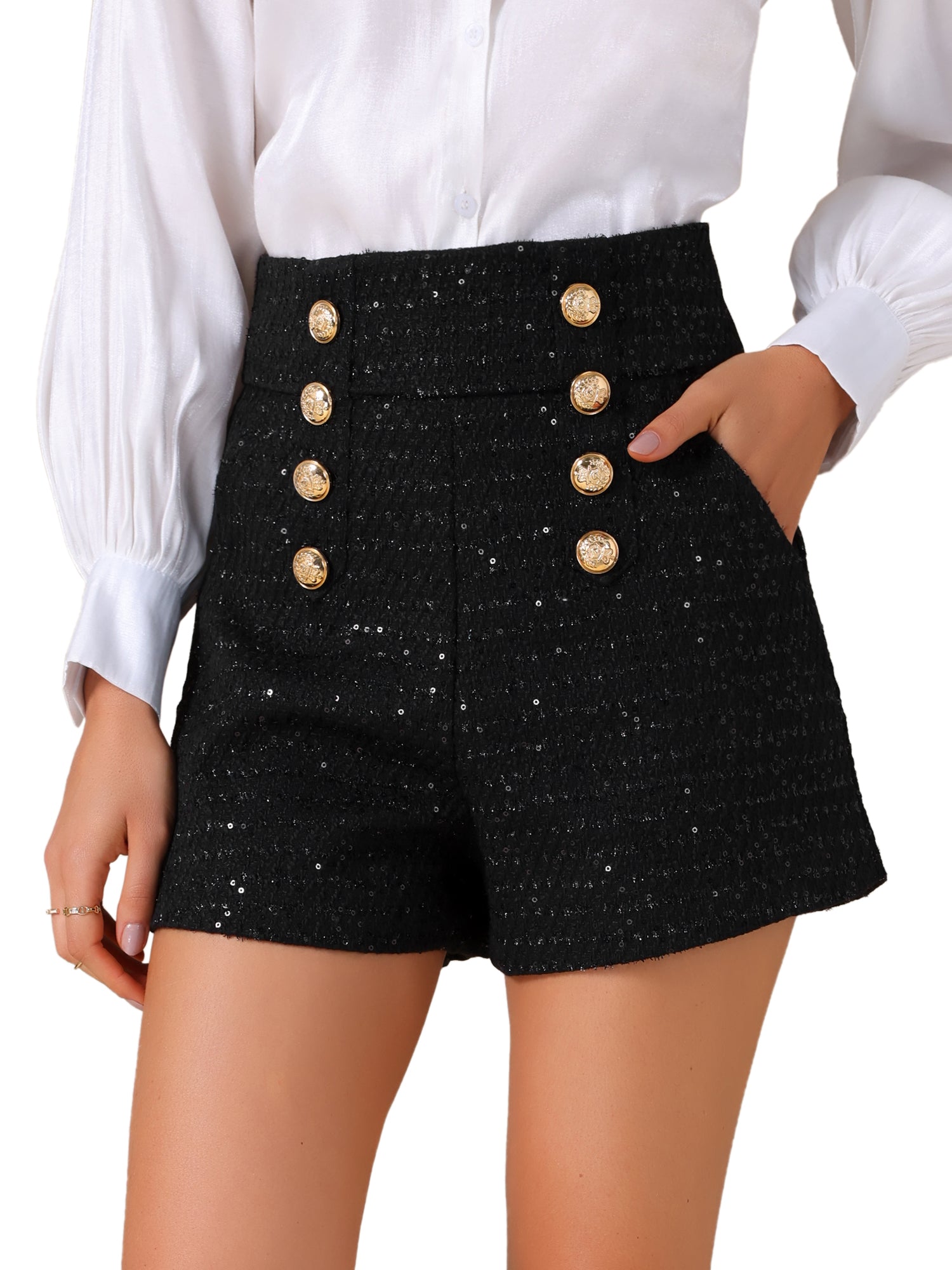 Sequined Tweed Button Front High Waist Shorts