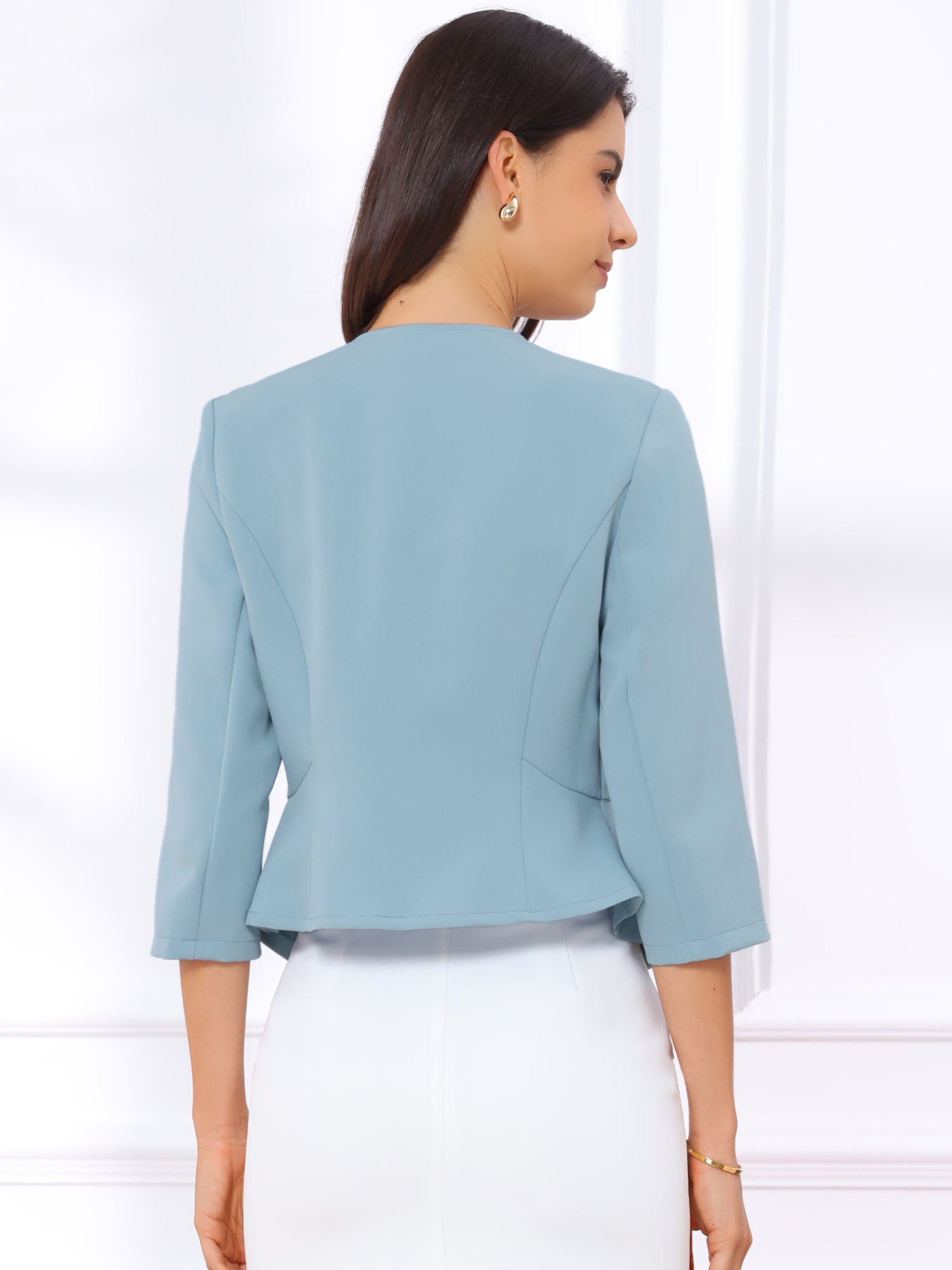 Open Front Collarless 3/4 Sleeve Peplum Cropped Jacket