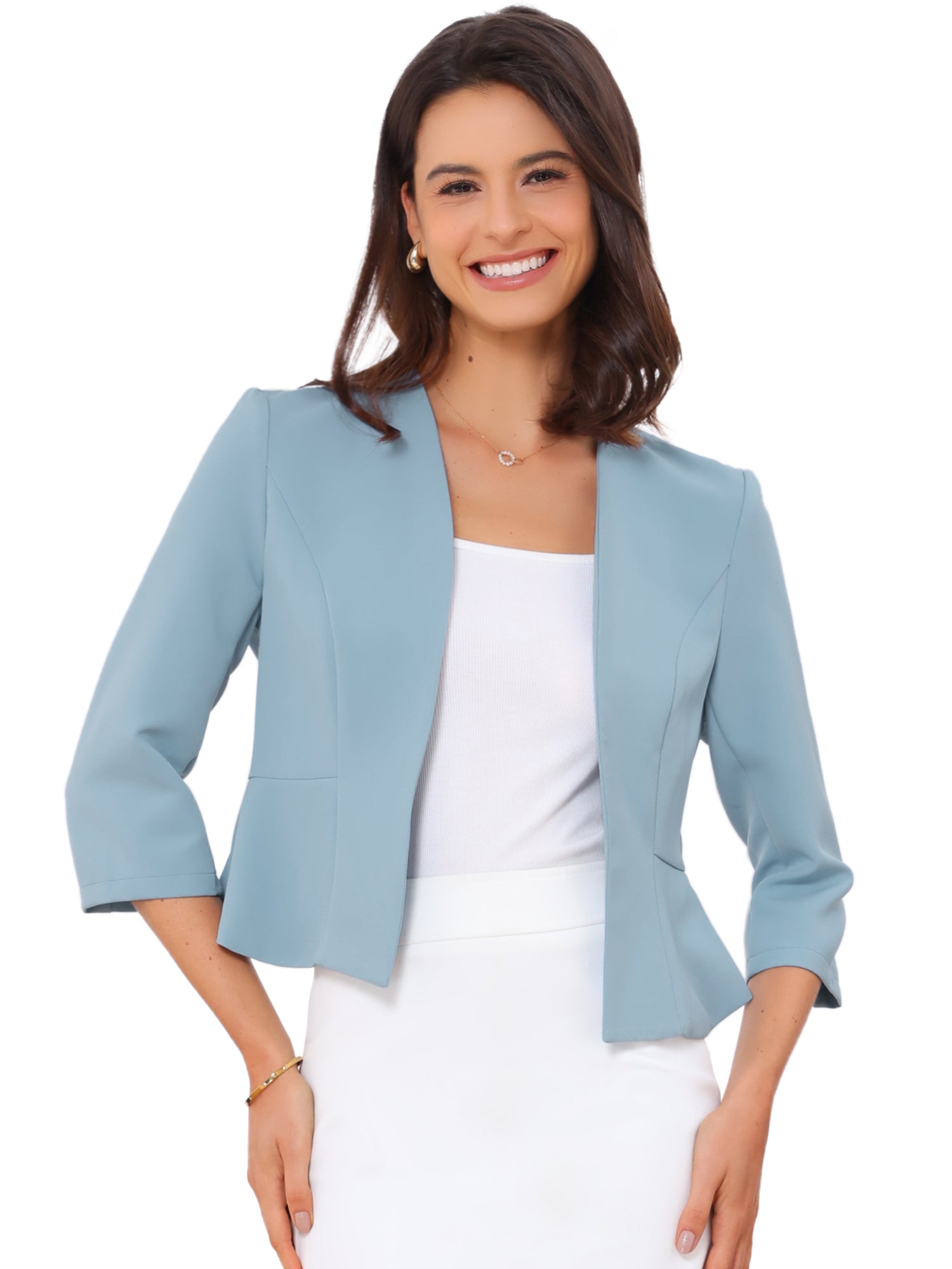 Open Front Collarless 3/4 Sleeve Peplum Cropped Jacket