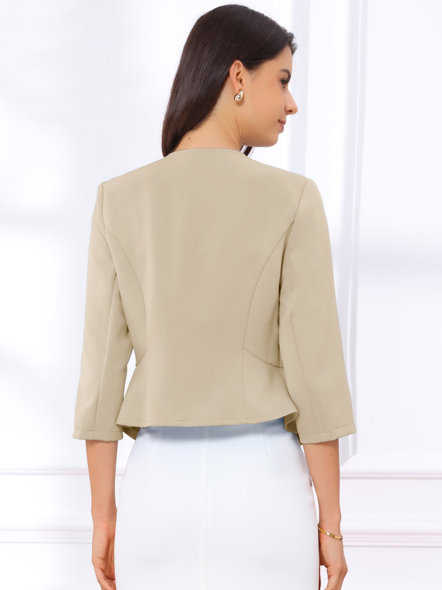 Open Front Collarless 3/4 Sleeve Peplum Cropped Jacket