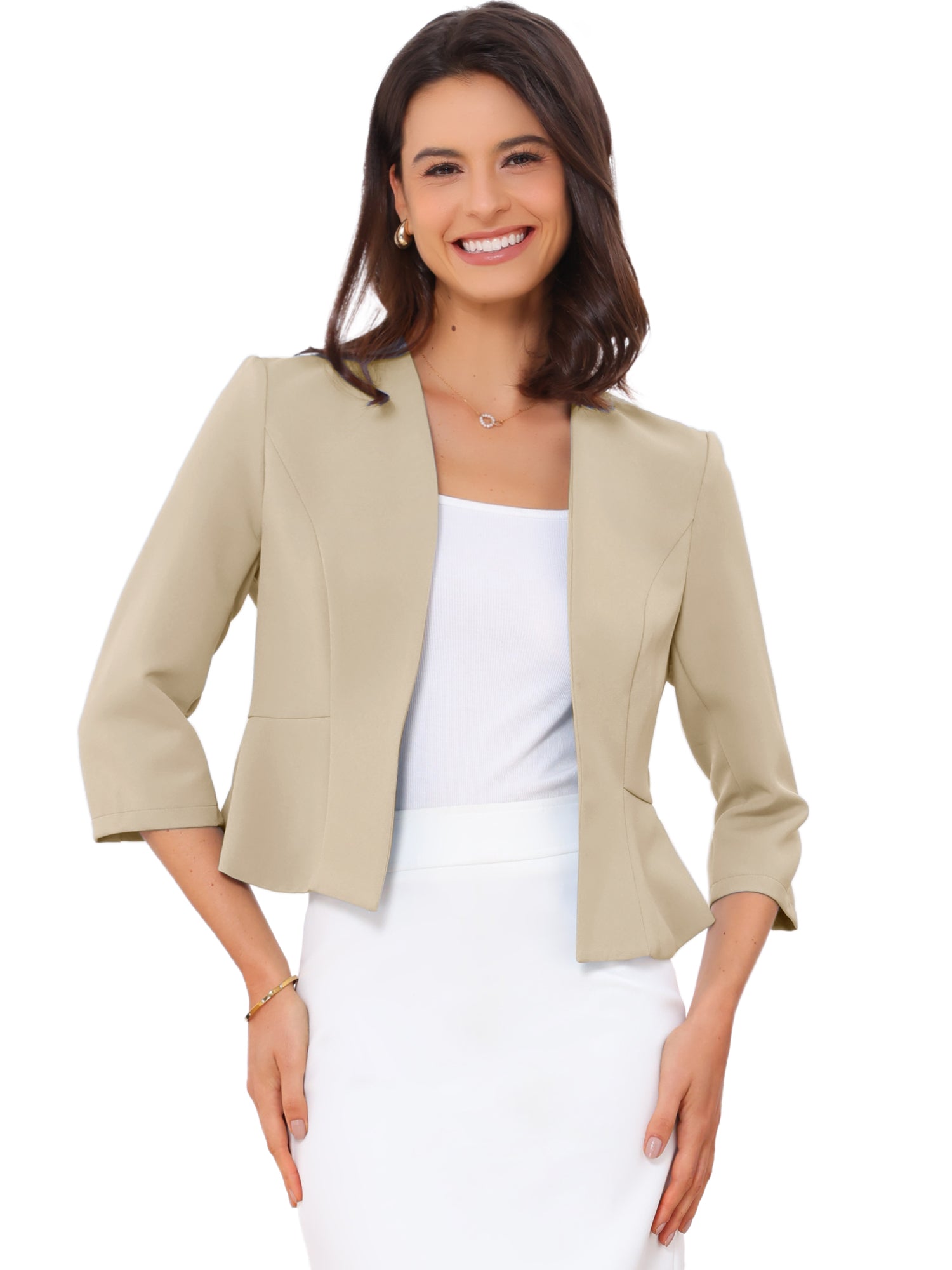 Open Front Collarless 3/4 Sleeve Peplum Cropped Jacket