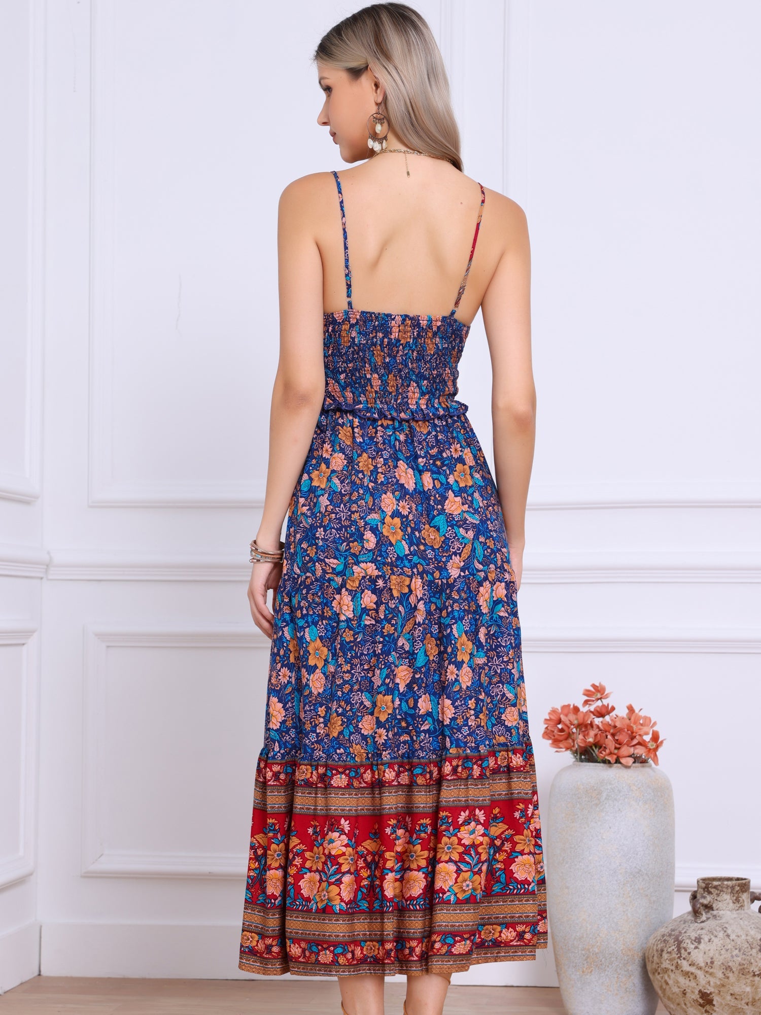 Boho Floral Summer Spaghetti Strap A-Line Flowy Smocked Midi Dress Sundress