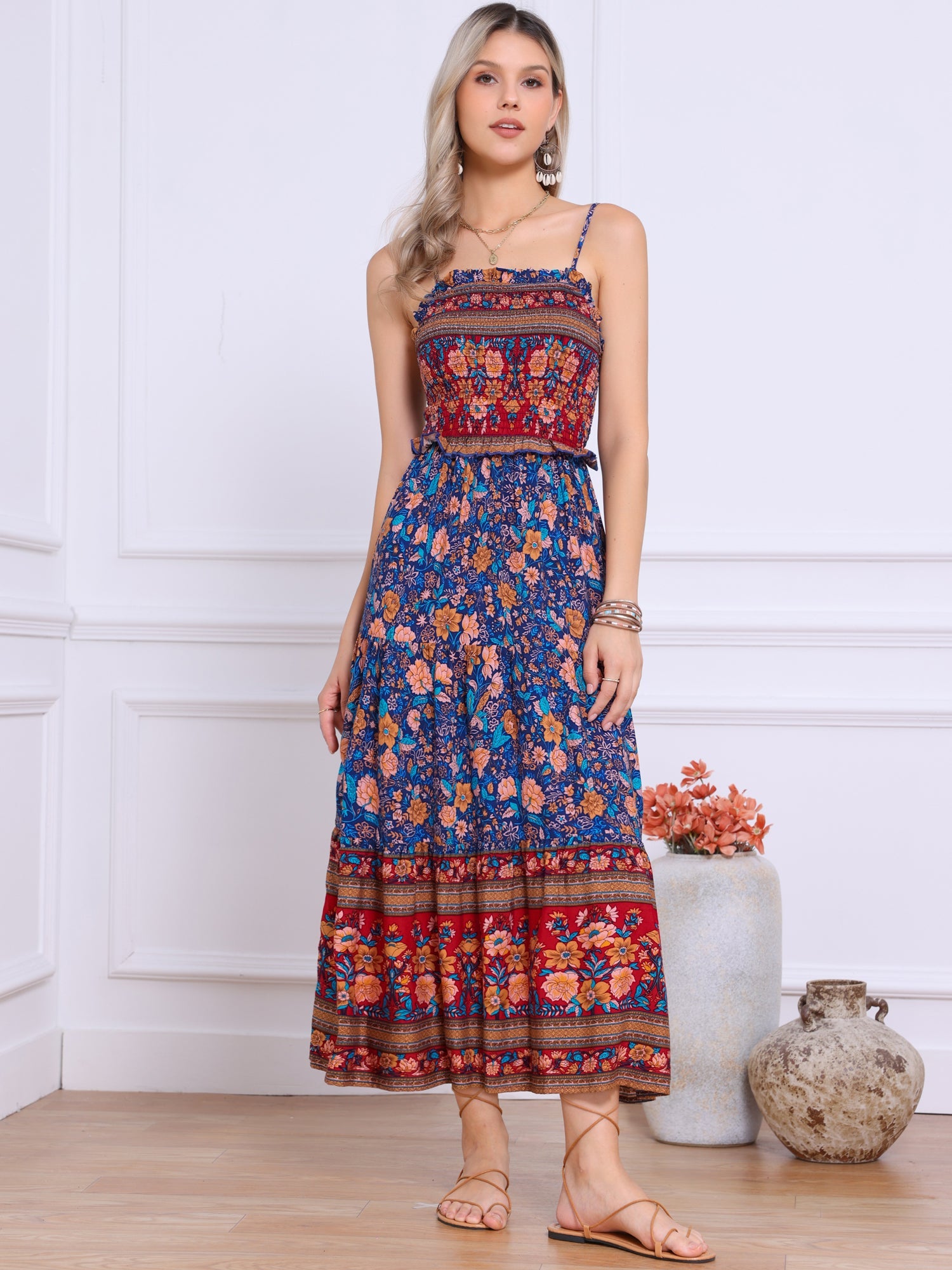 Boho Floral Summer Spaghetti Strap A-Line Flowy Smocked Midi Dress Sundress