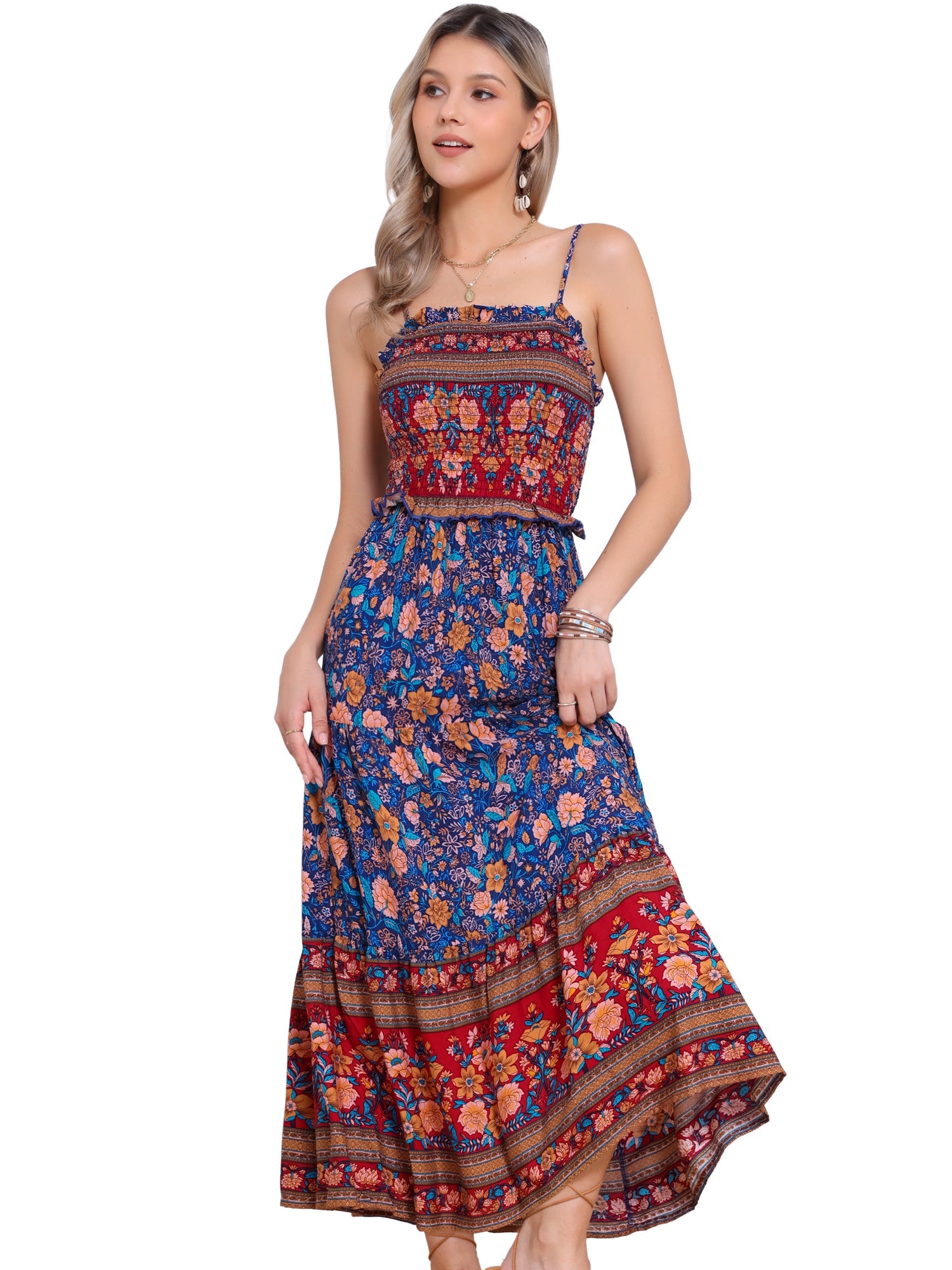 Boho Floral Summer Spaghetti Strap A-Line Flowy Smocked Midi Dress Sundress
