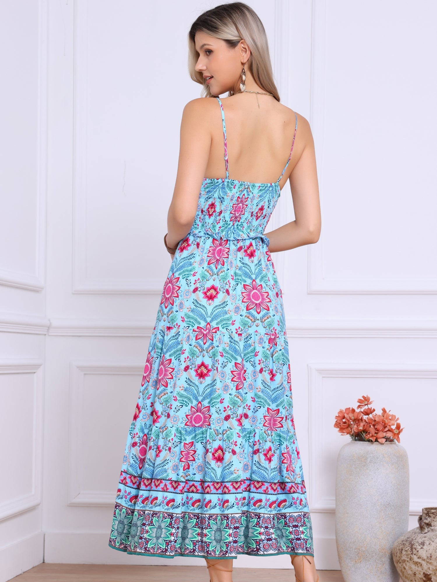 Boho Floral Summer Spaghetti Strap A-Line Flowy Smocked Midi Dress Sundress