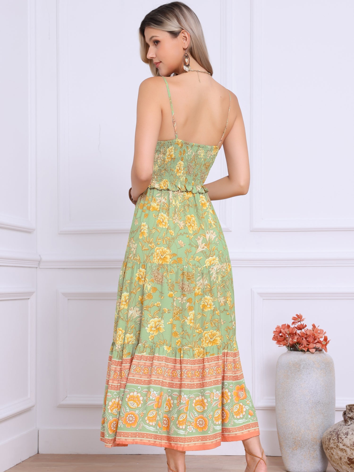 Boho Floral Summer Spaghetti Strap A-Line Flowy Smocked Midi Dress Sundress