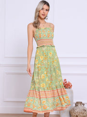 Boho Floral Summer Spaghetti Strap A-Line Flowy Smocked Midi Dress Sundress