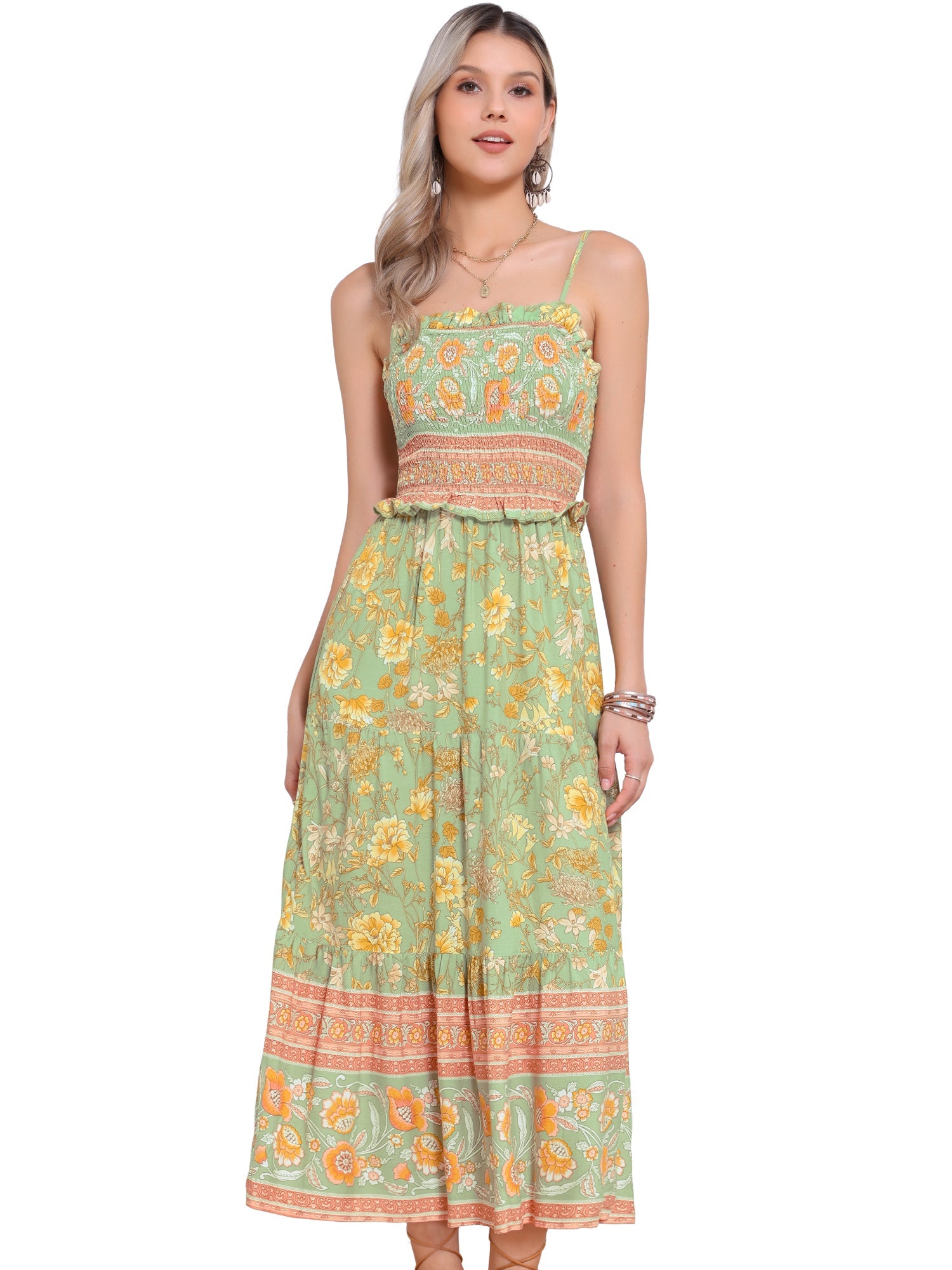 Boho Floral Summer Spaghetti Strap A-Line Flowy Smocked Midi Dress Sundress