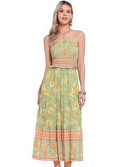 Boho Floral Summer Spaghetti Strap A-Line Flowy Smocked Midi Dress Sundress