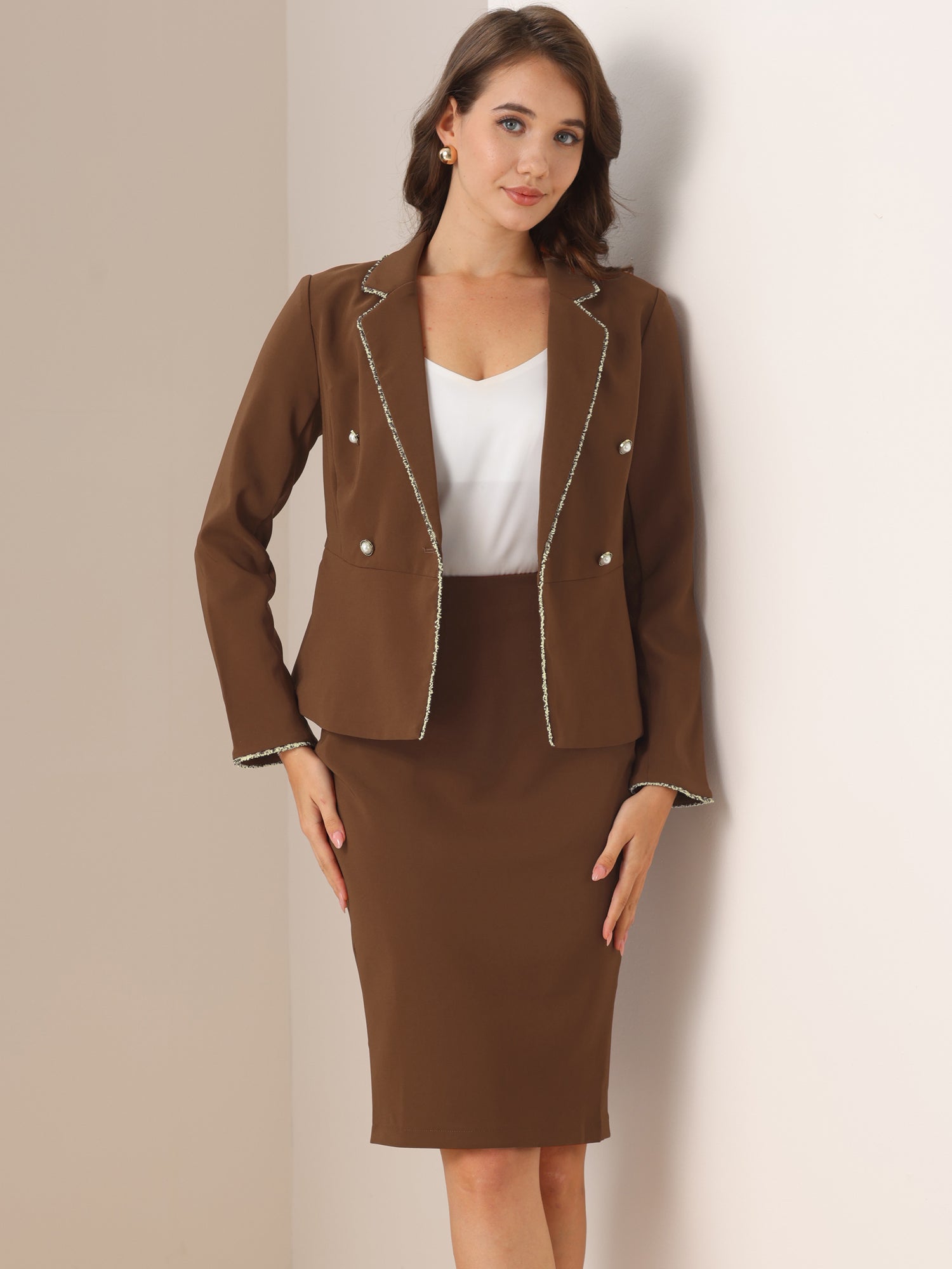 Business Suit 2 Pieces Tweed Trim Blazer Jacket and Skirt Set