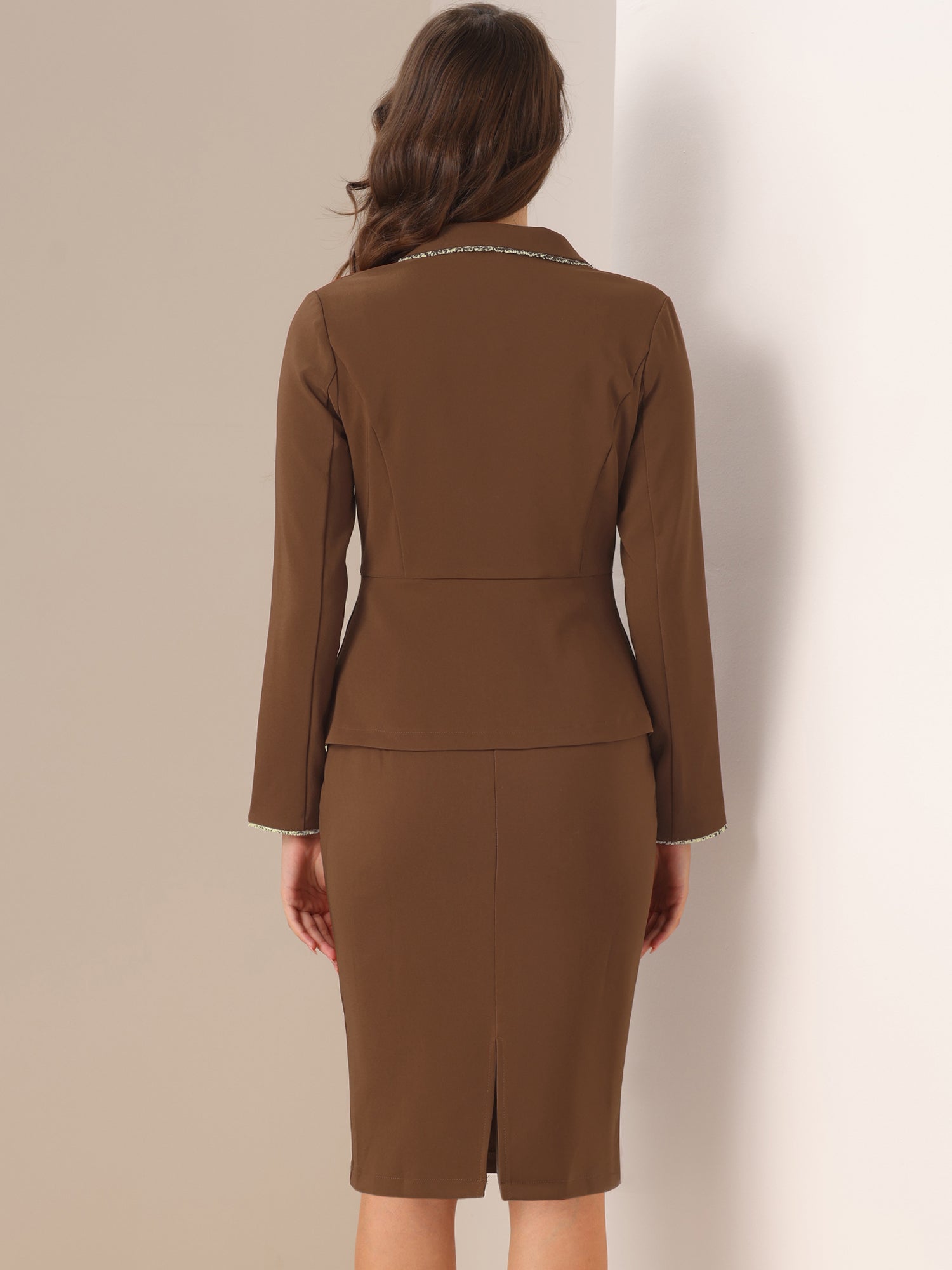 Business Suit 2 Pieces Tweed Trim Blazer Jacket and Skirt Set