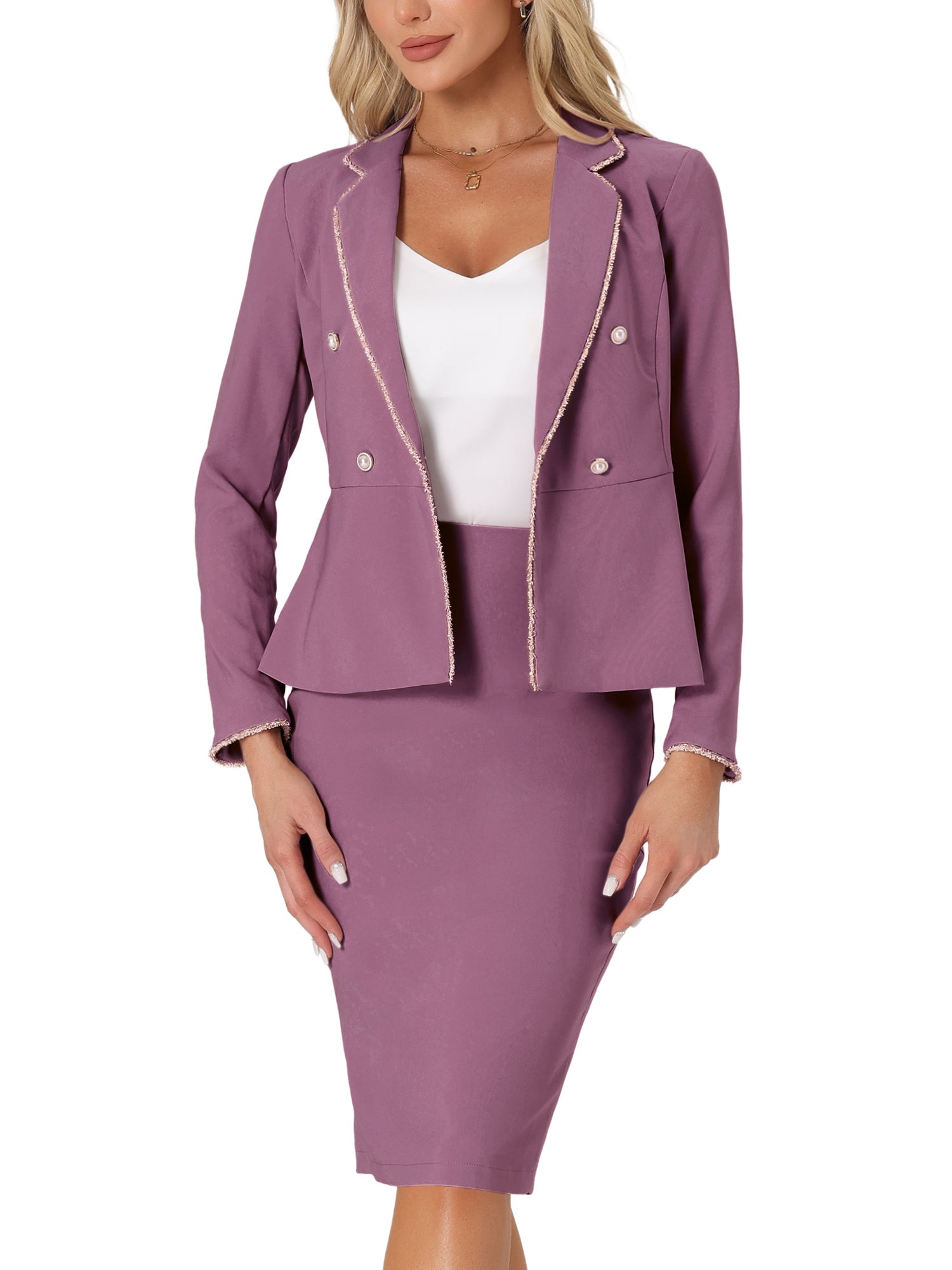 Business Suit 2 Pieces Tweed Trim Blazer Jacket and Skirt Set