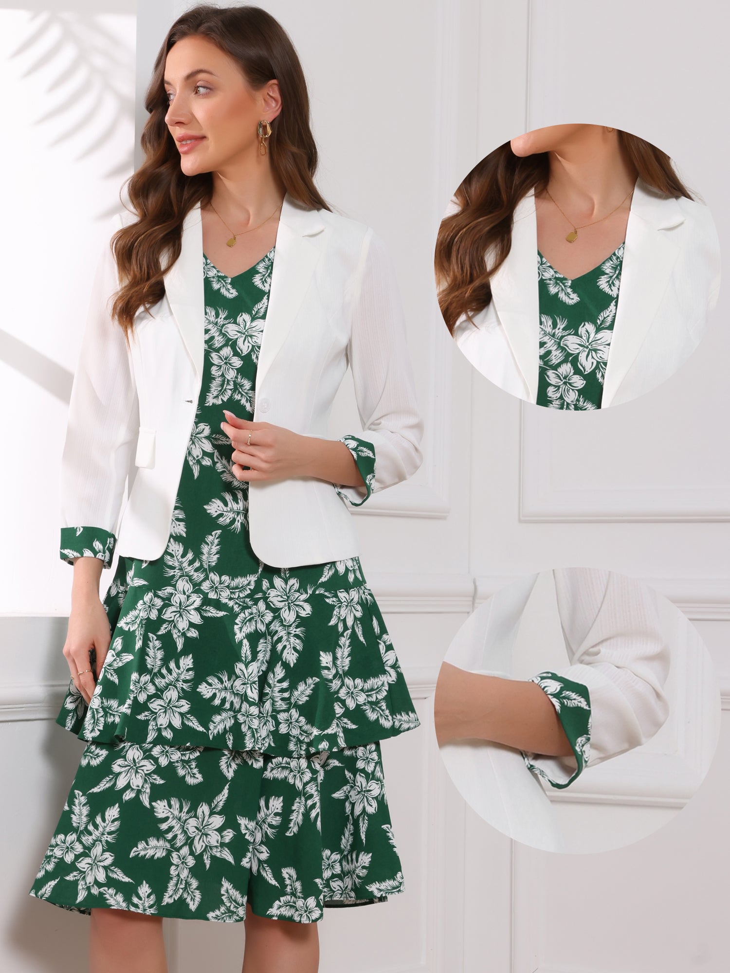 Work flower Print Contrast Panel 2pc Sets Chiffon V Neck Jacket Dress