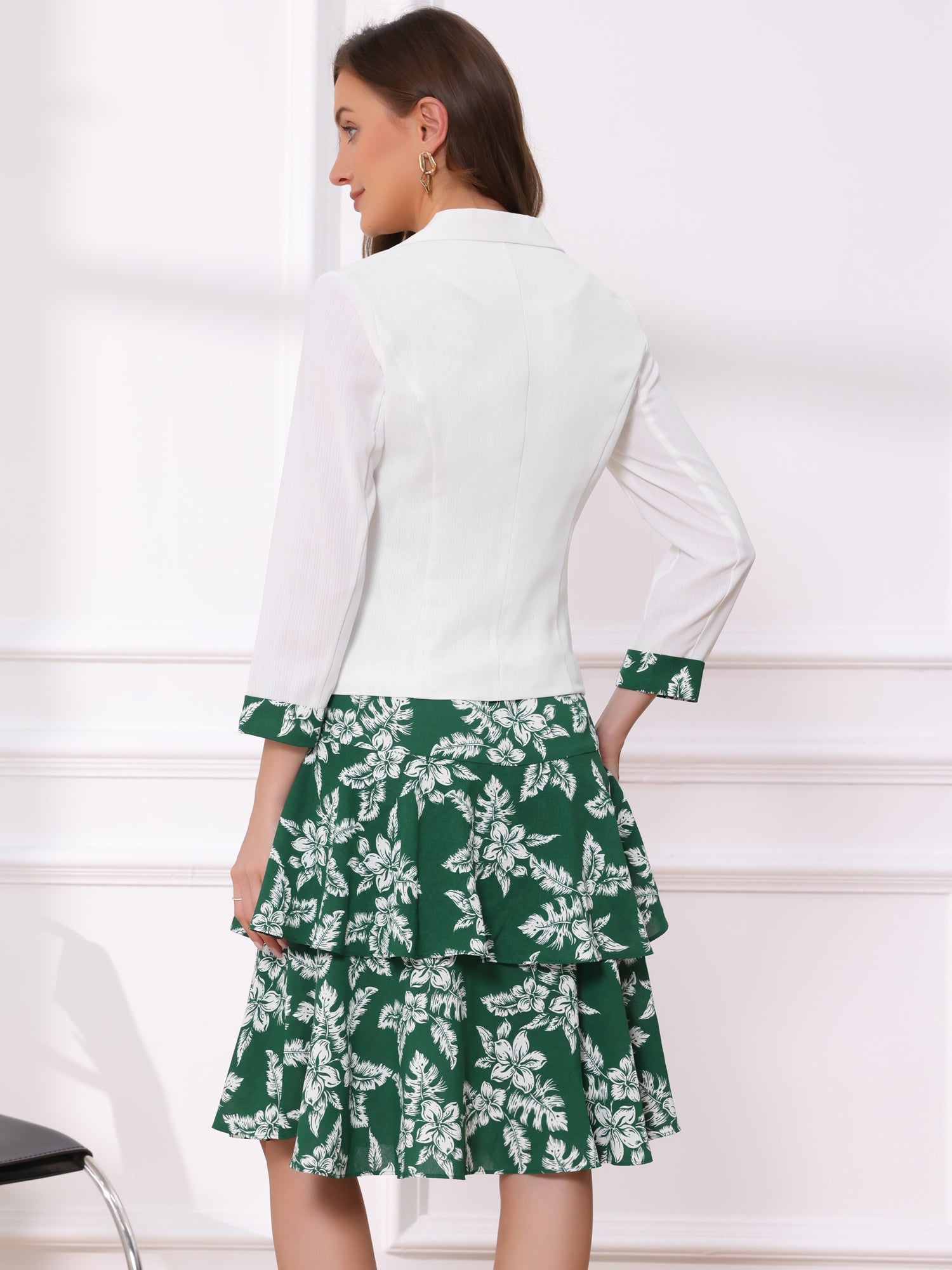Work flower Print Contrast Panel 2pc Sets Chiffon V Neck Jacket Dress