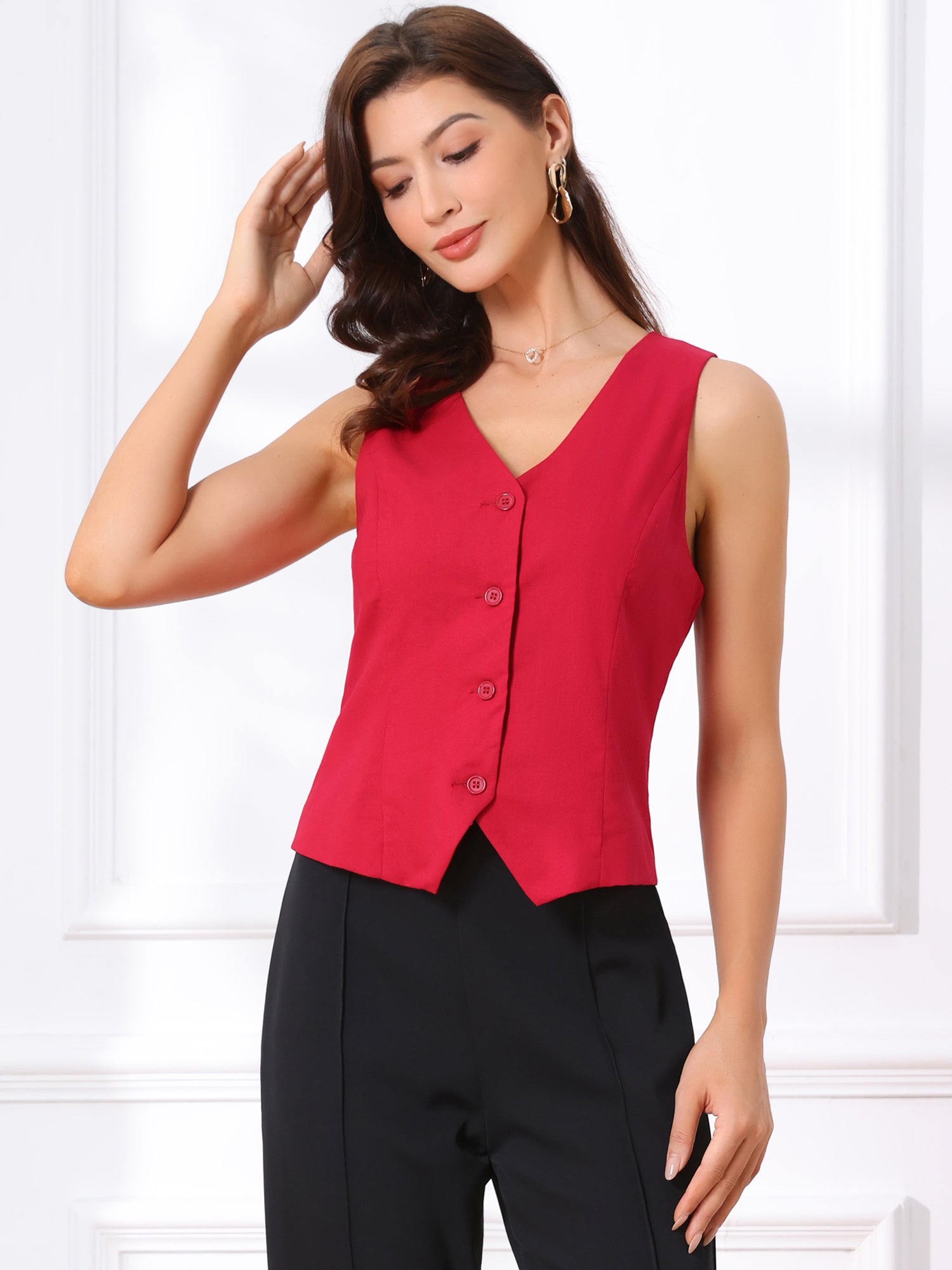 Sleeveless Solid Button Down V Neck Waistcoat Vest
