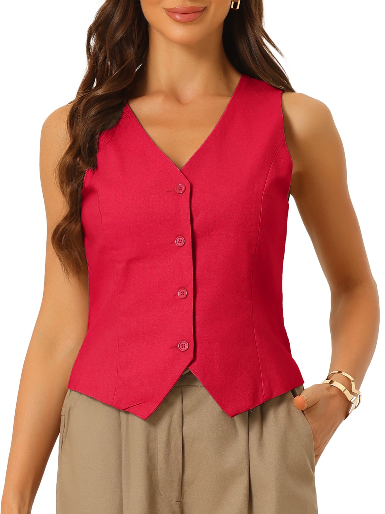 Sleeveless Solid Button Down V Neck Waistcoat Vest