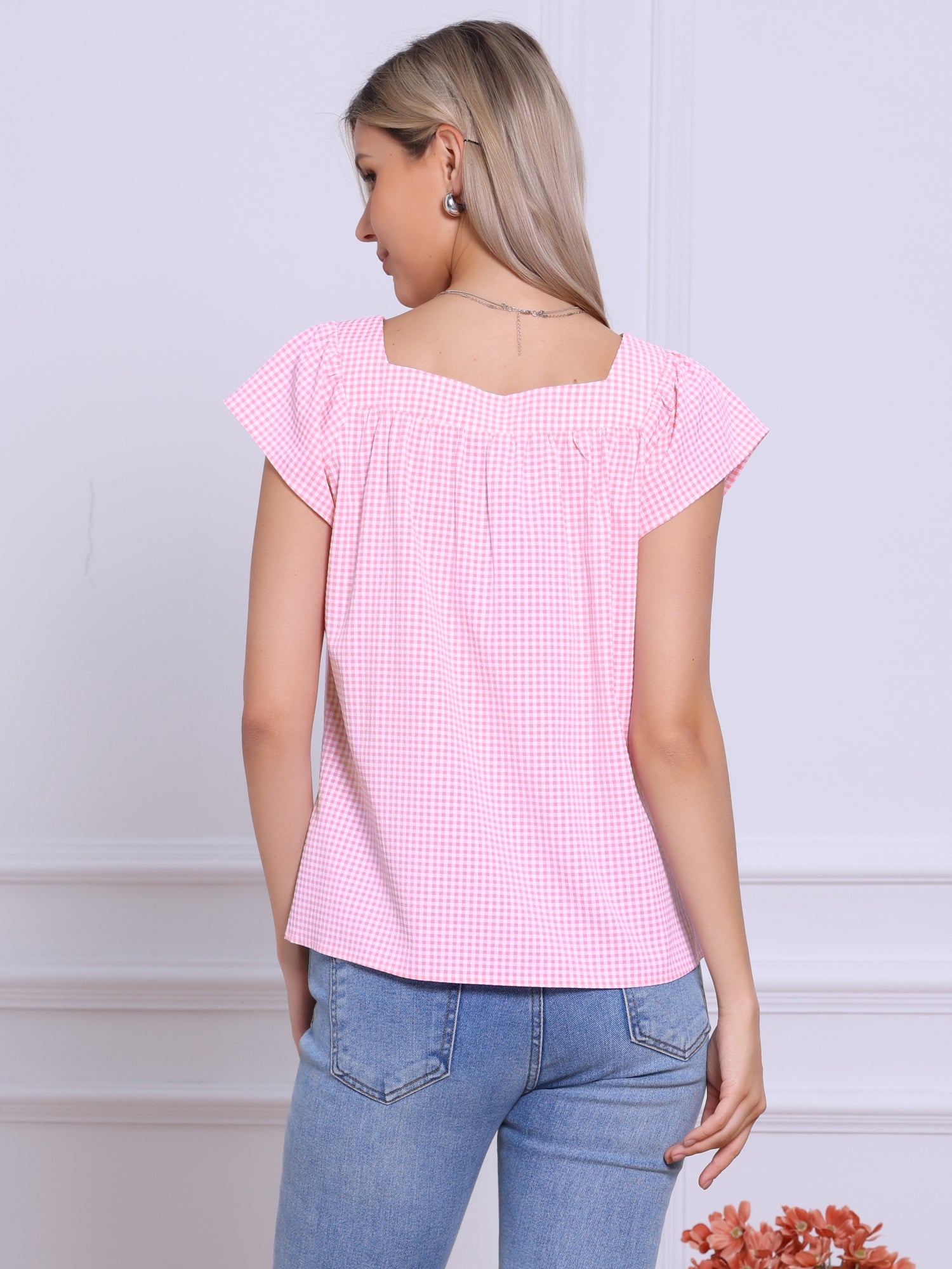 Square Neck Short Sleeves Gingham Plaid Blouse