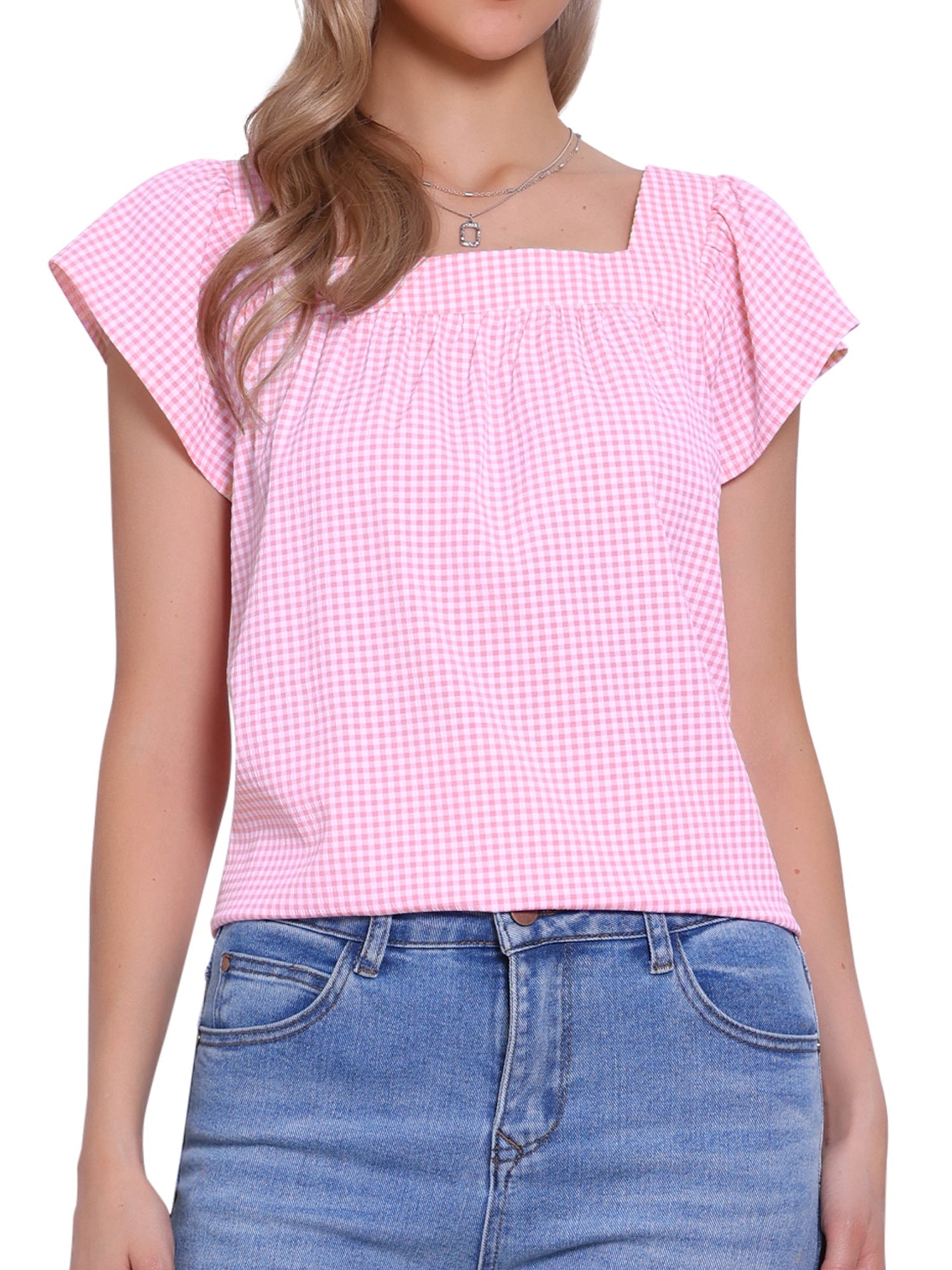 Square Neck Short Sleeves Gingham Plaid Blouse