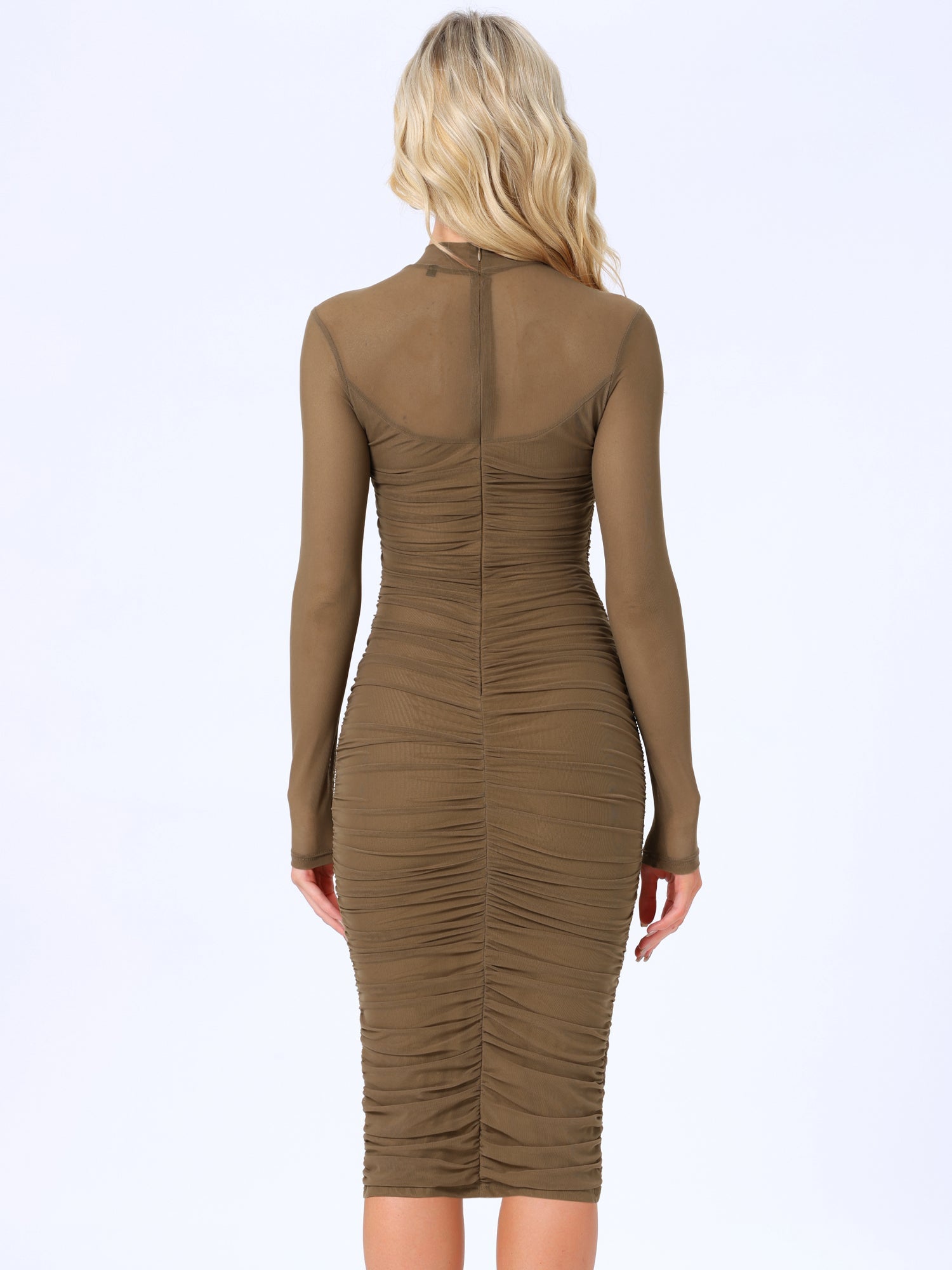 Mesh Sheer Mock Neck Ruch Cocktail Bodycon Midi Dress