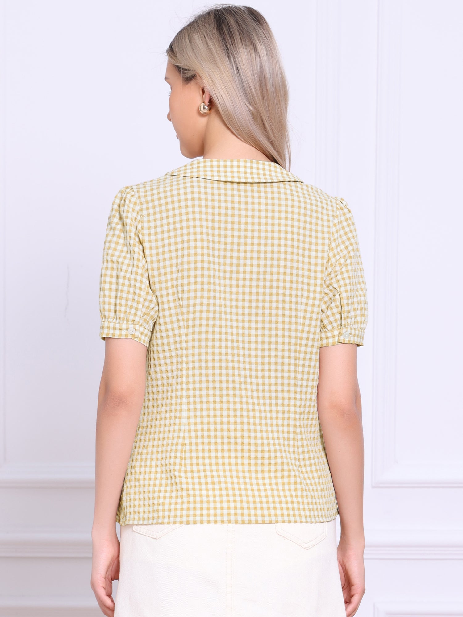 Plaid Puff Short Sleeve Gingham Peter Pan Collar Button Down Shirt