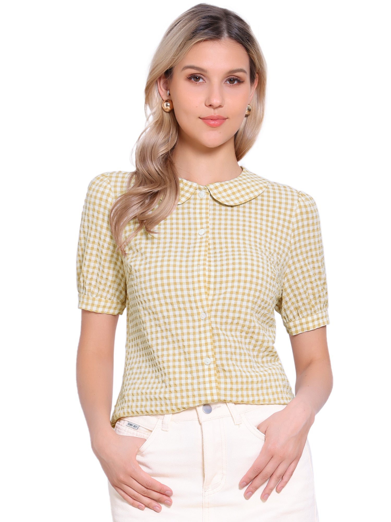 Plaid Puff Short Sleeve Gingham Peter Pan Collar Button Down Shirt