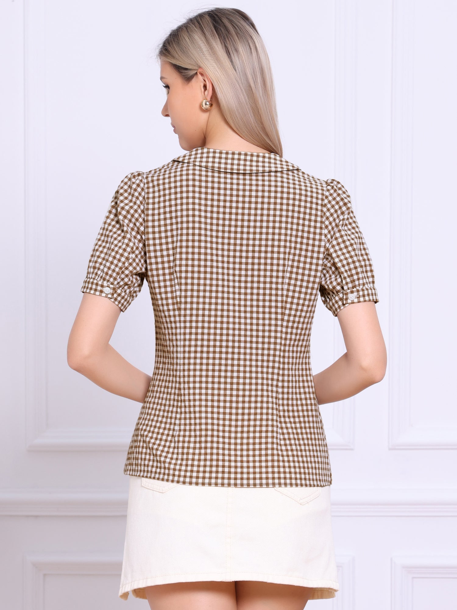 Plaid Puff Short Sleeve Gingham Peter Pan Collar Button Down Shirt