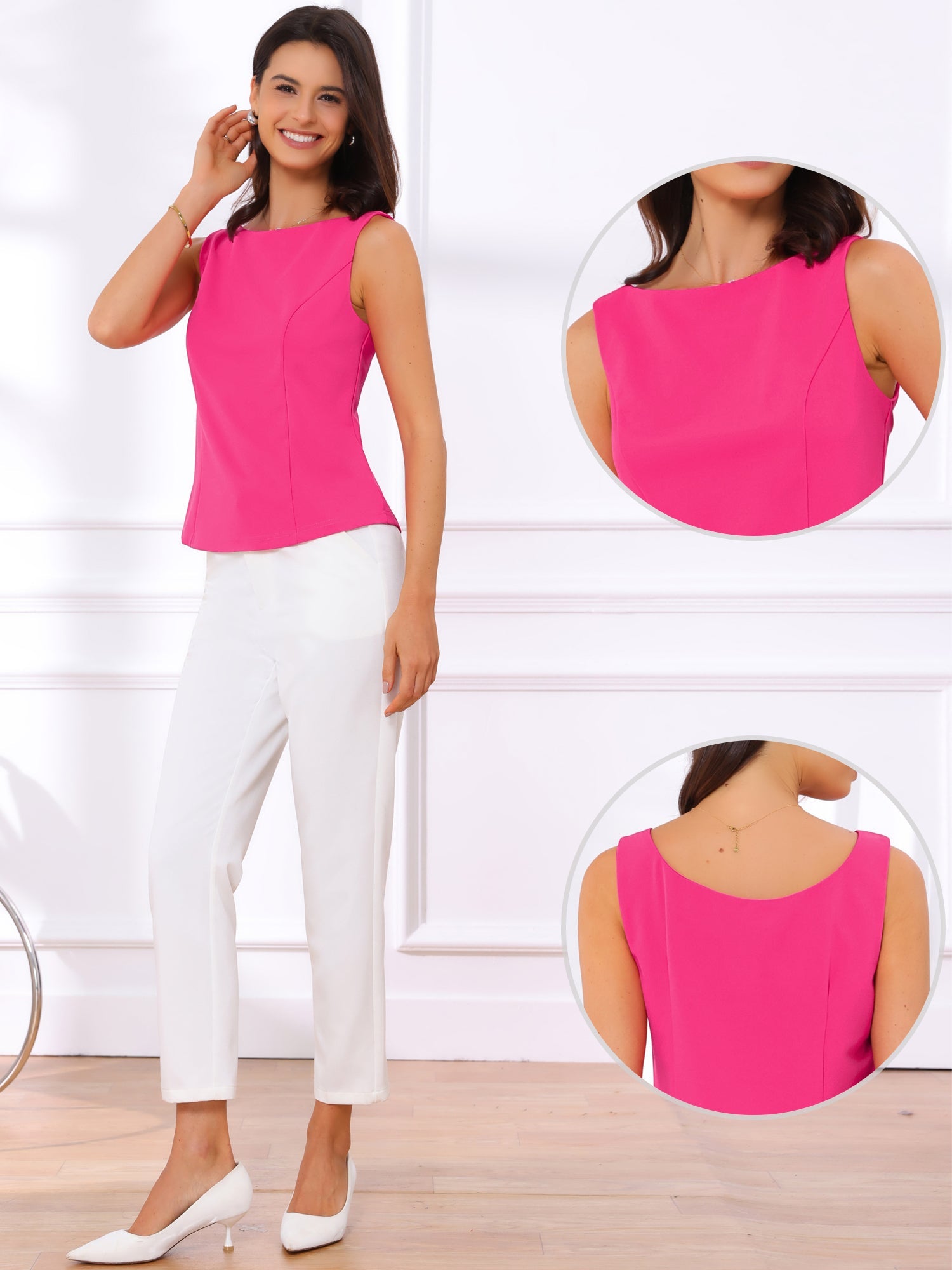 Boat Neck Work Office Sleeveless Basic Tops