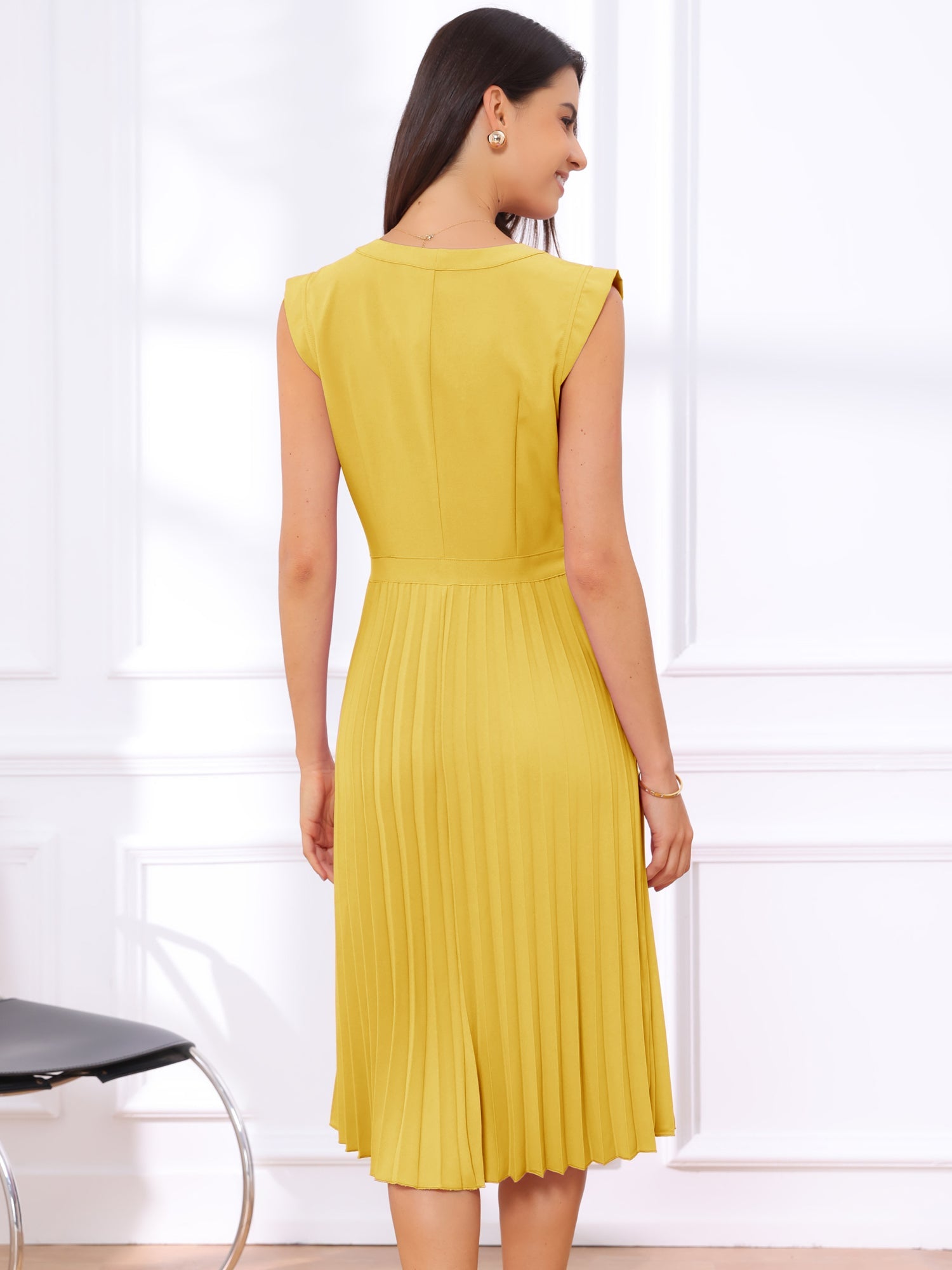 Sleeveless Dress Casual V Neck Button Pleated Midi Dress