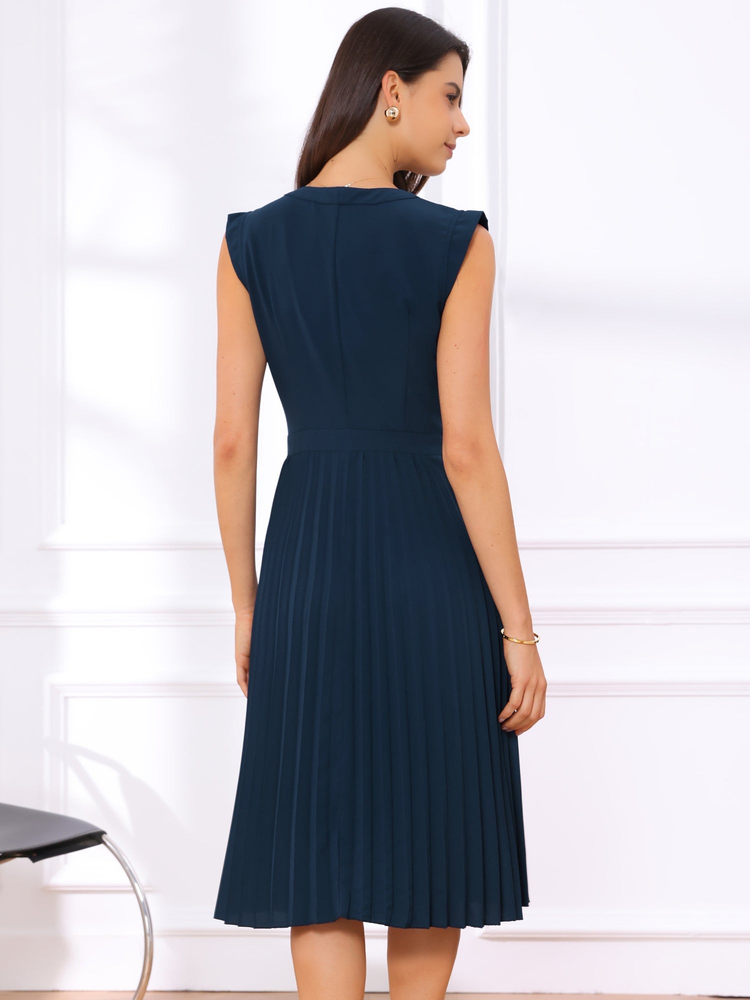 Sleeveless Dress Casual V Neck Button Pleated Midi Dress