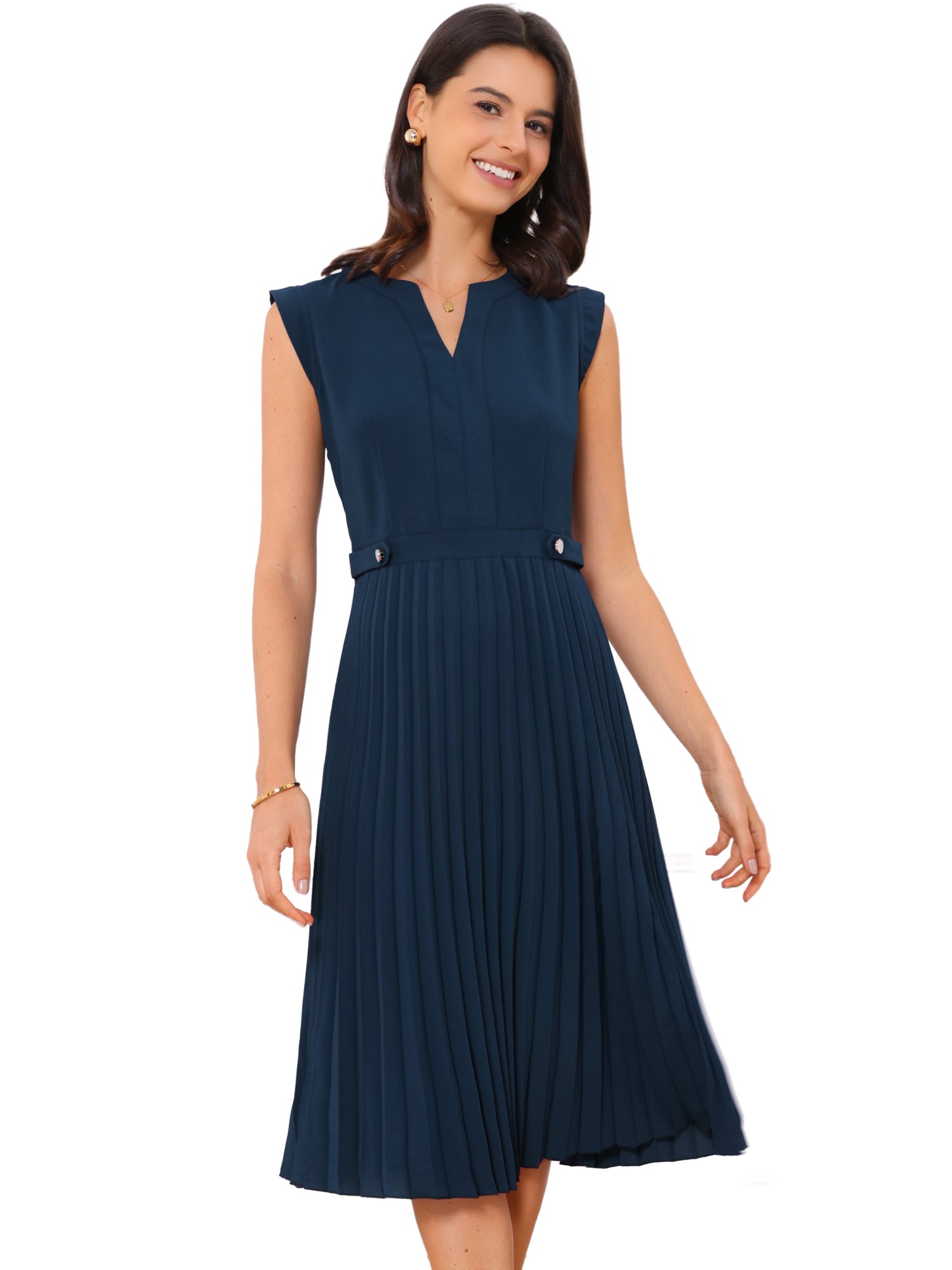 Sleeveless Dress Casual V Neck Button Pleated Midi Dress