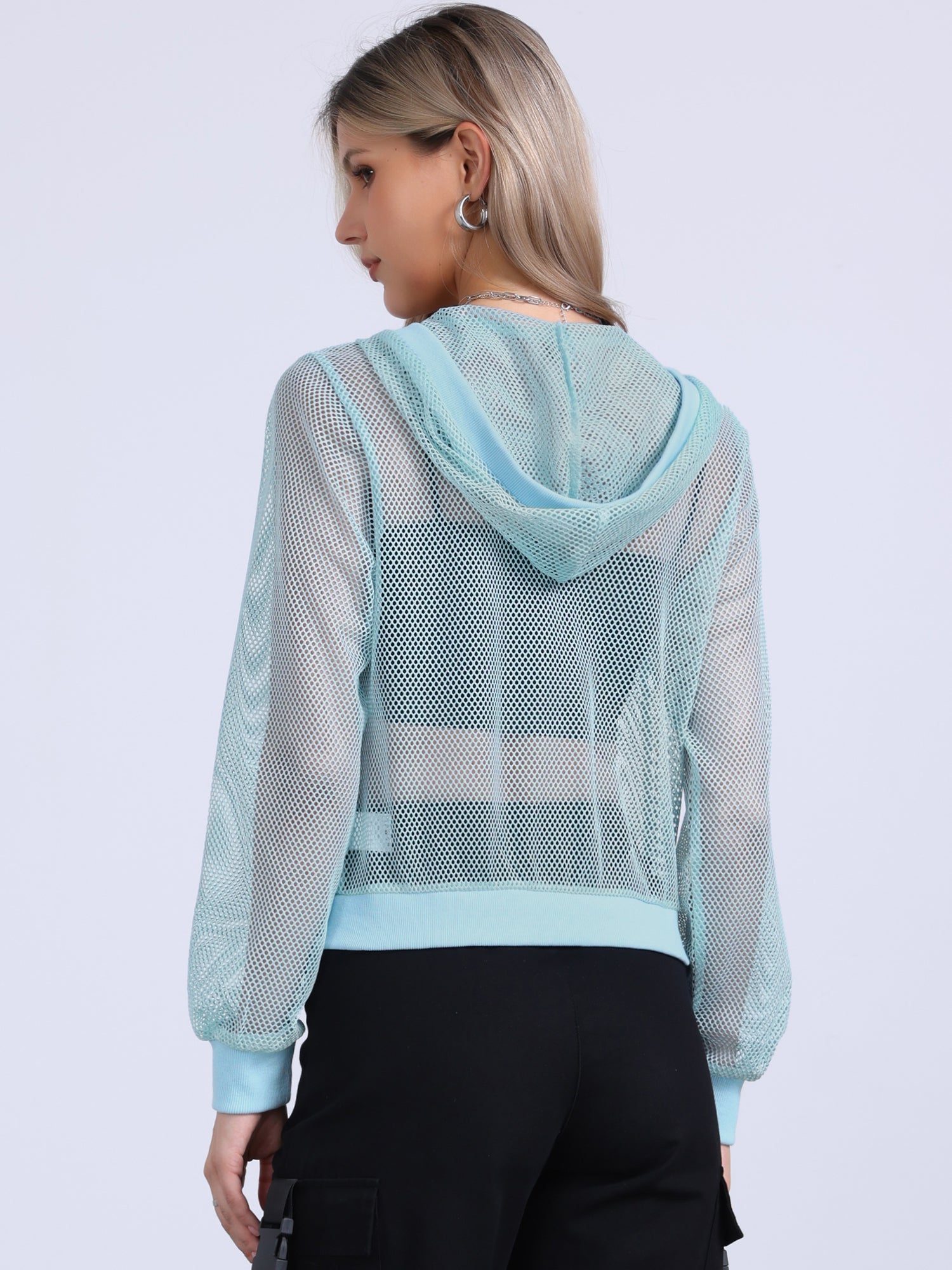 Zip Up Long Sleeve Mesh Sheer Hoodie Bomber Jackets