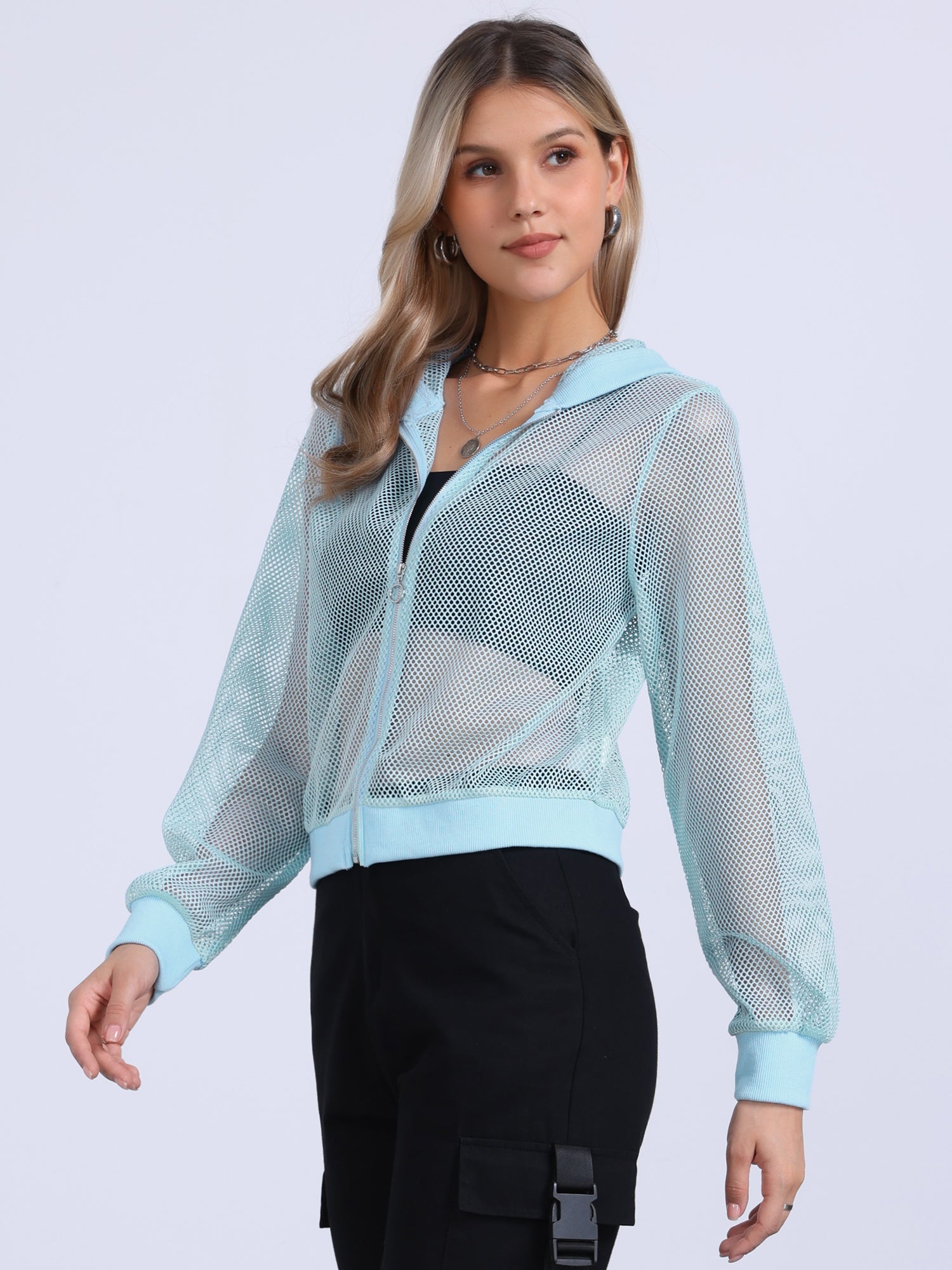 Zip Up Long Sleeve Mesh Sheer Hoodie Bomber Jackets