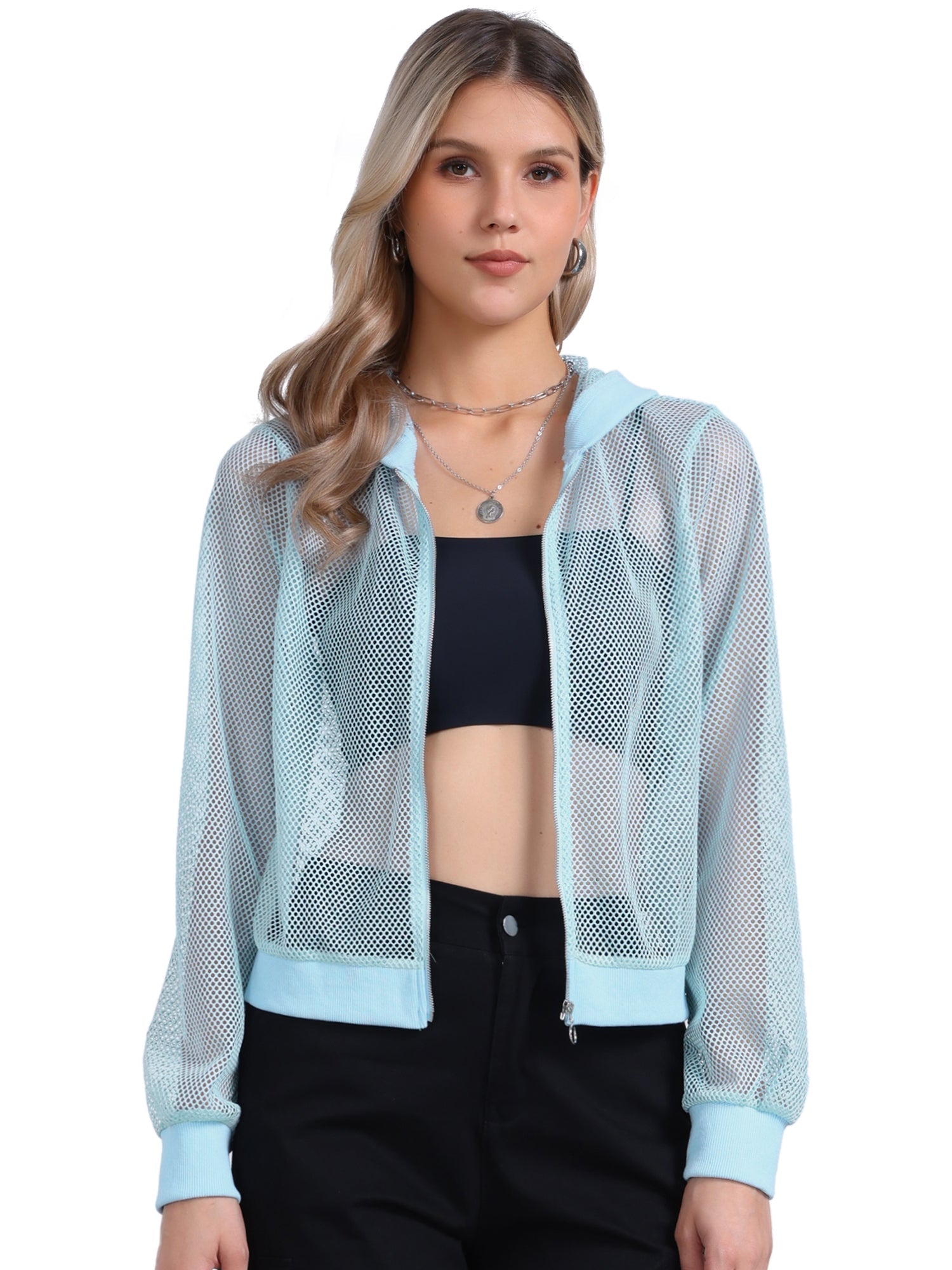Zip Up Long Sleeve Mesh Sheer Hoodie Bomber Jackets