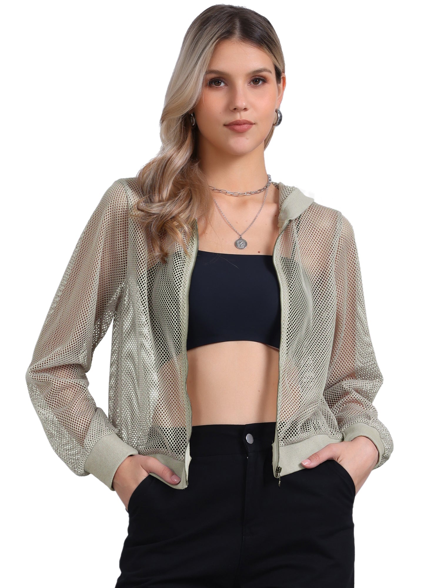 Zip Up Long Sleeve Mesh Sheer Hoodie Bomber Jackets