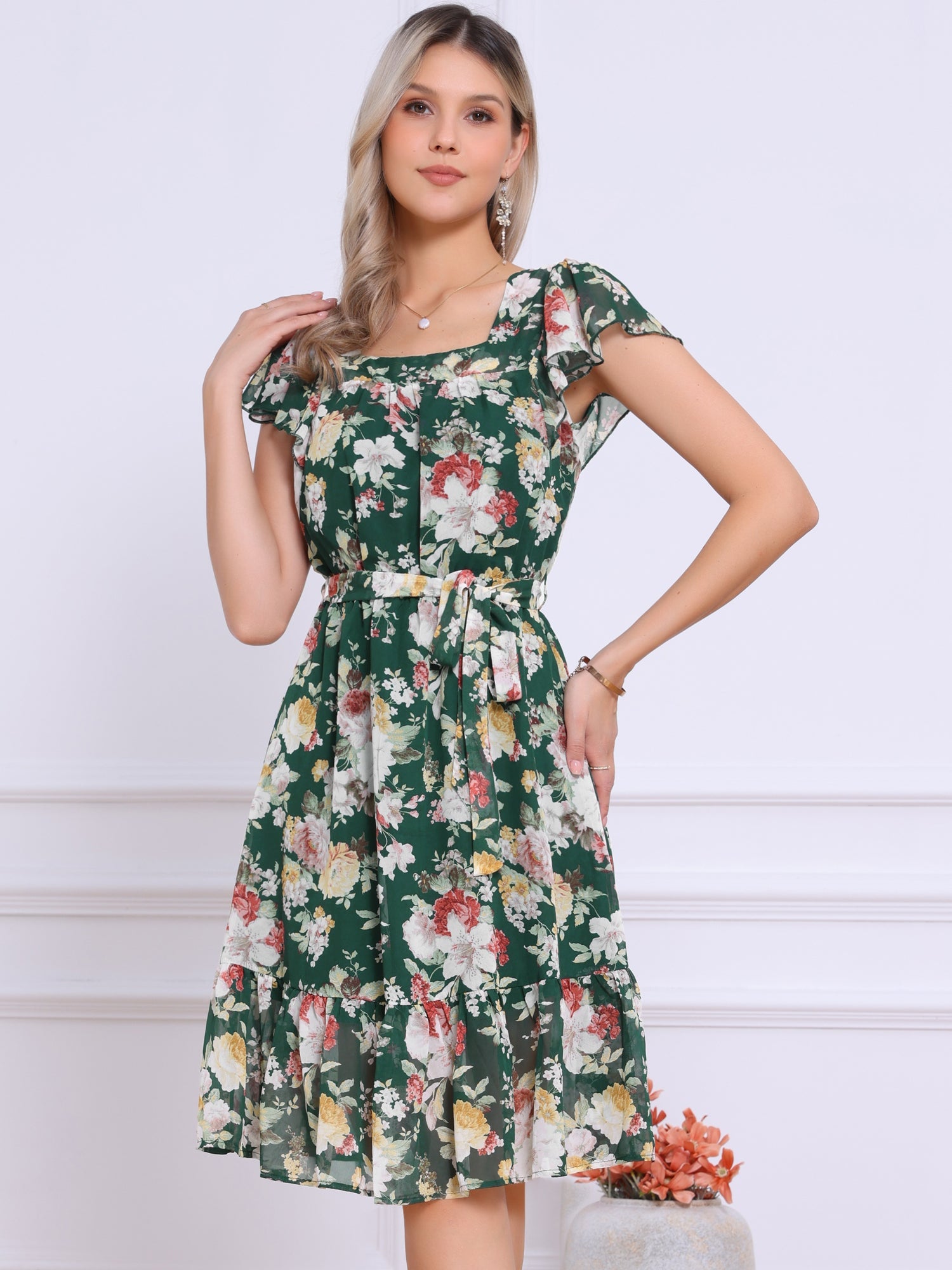 Floral Chiffon Flutter Sleeve Belted Square Neck Ruffled Hem Dress